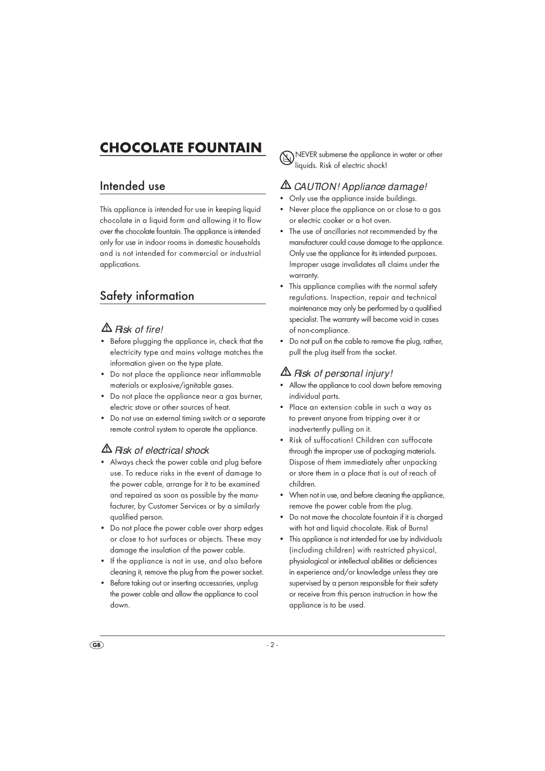 Kompernass SSB320A1 operating instructions Chocolate Fountain, Intended use, Safety information 