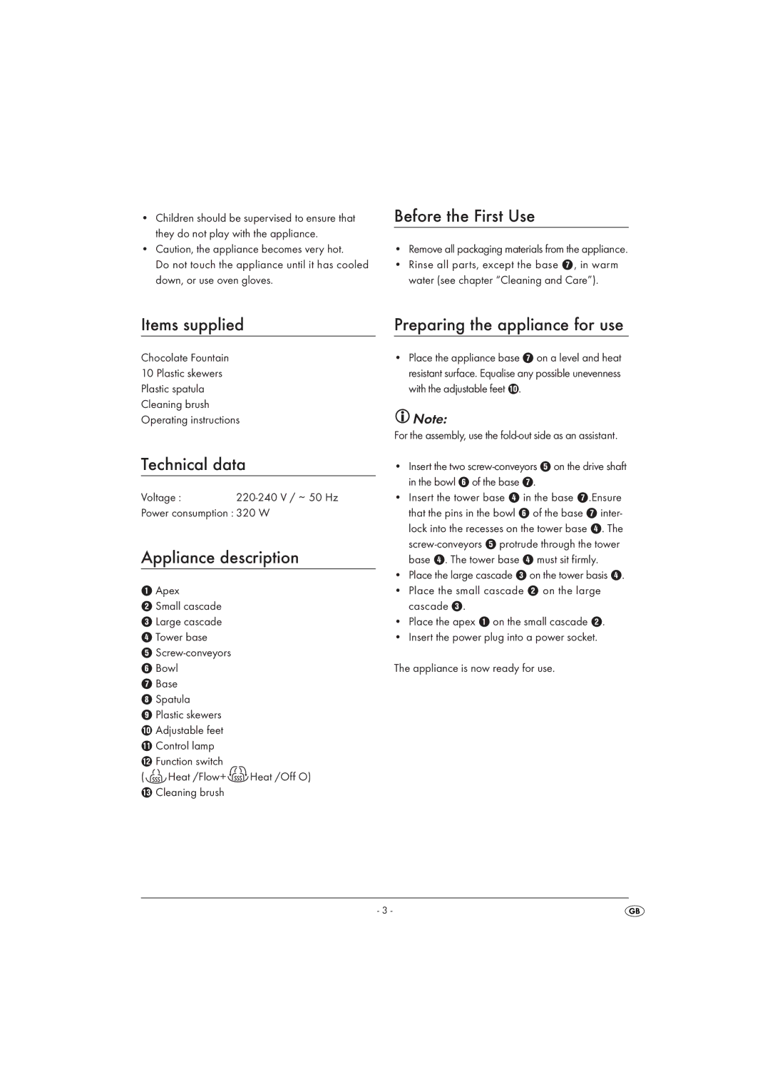 Kompernass SSB320A1 operating instructions Before the First Use, Items supplied, Technical data, Appliance description 