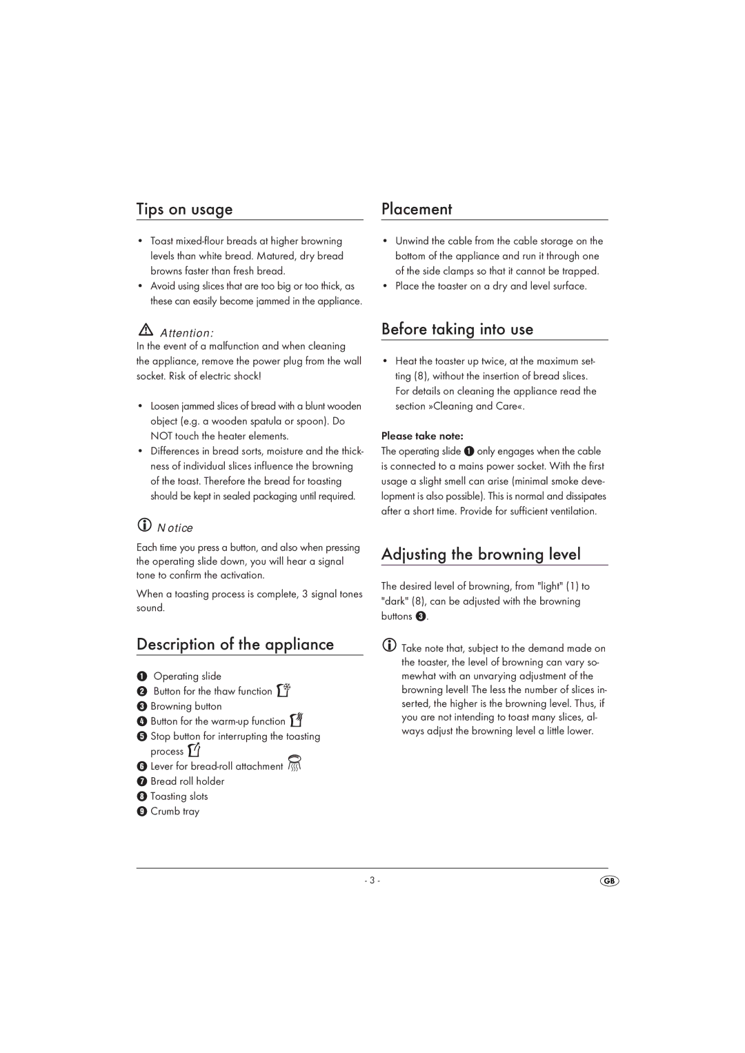 Kompernass STOD 800 A1 manual Tips on usage Placement, Description of the appliance, Before taking into use 