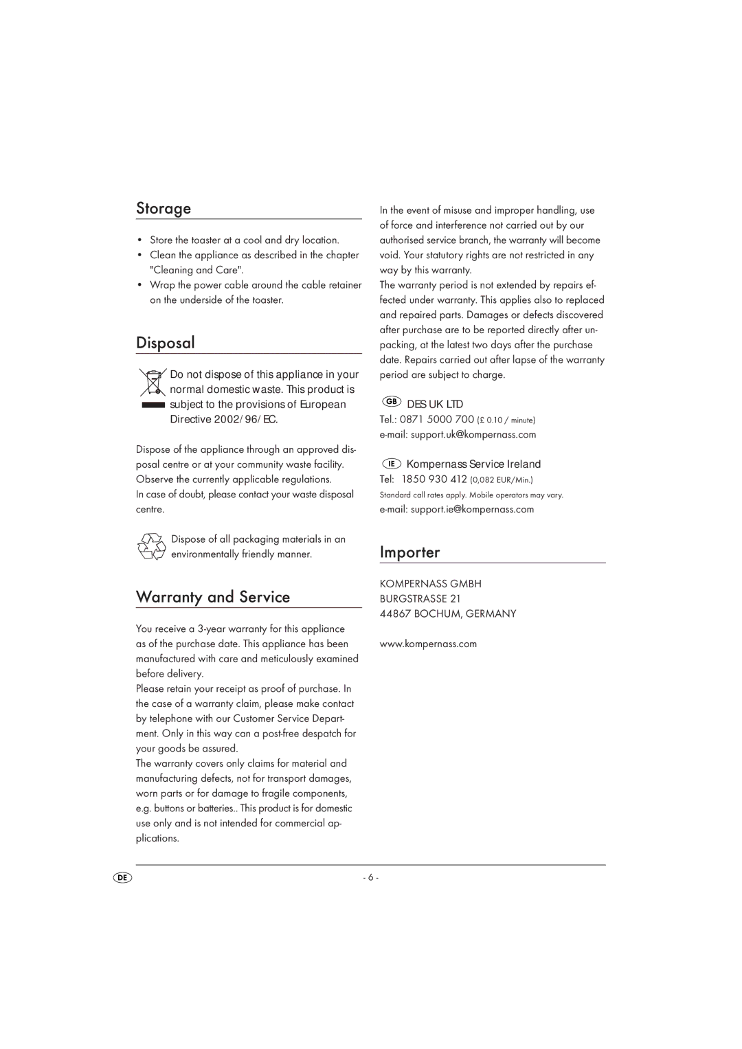 Kompernass STOD 800 A1 manual Storage, Disposal, Warranty and Service, Importer 