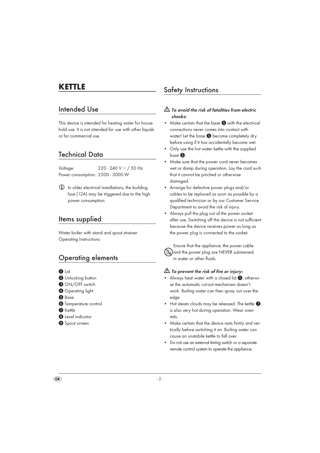 Kompernass SWKT 3000 A1 operating instructions Kettle 