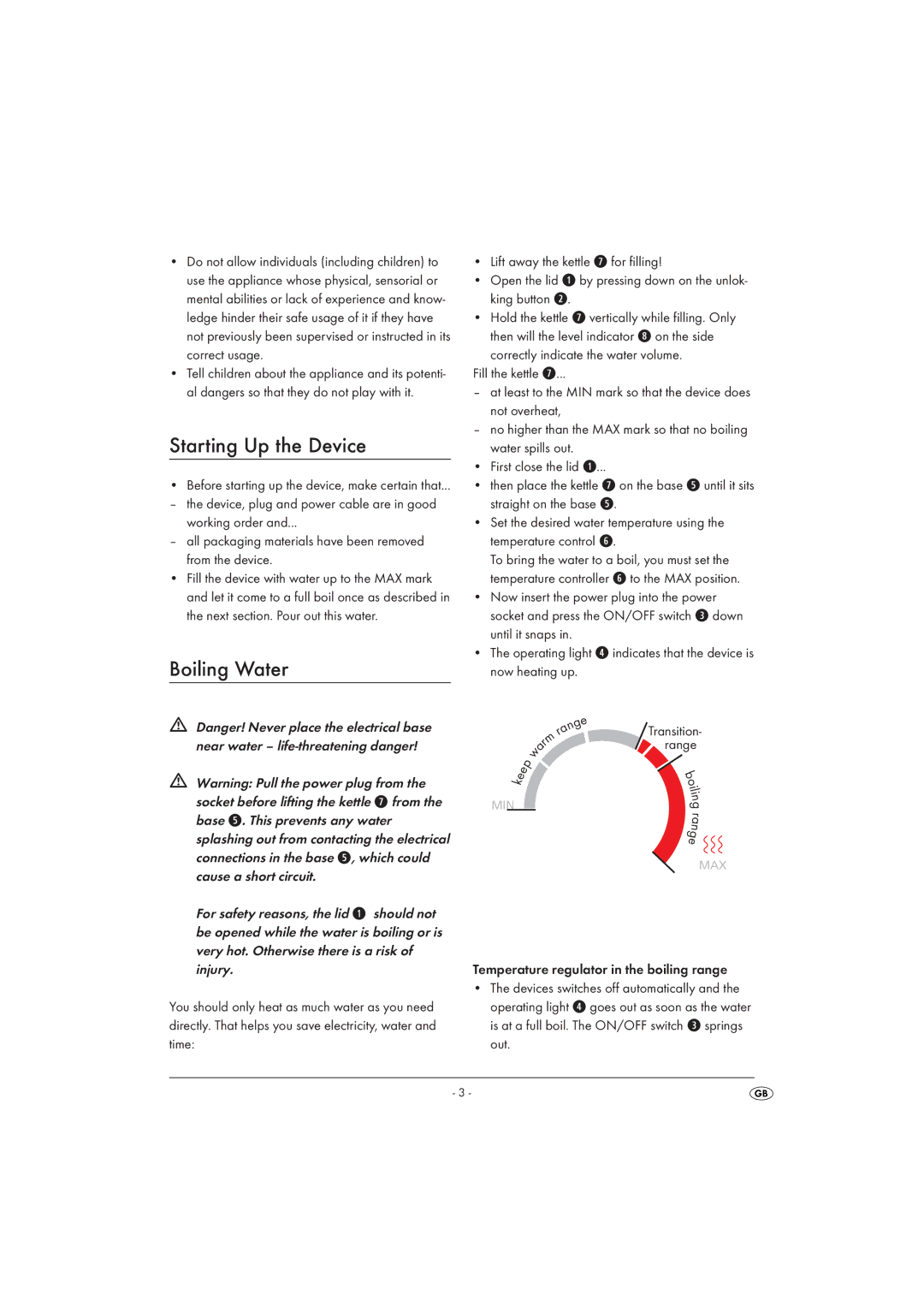 Kompernass SWKT 3000 A1 operating instructions Starting Up the Device, Boiling Water 