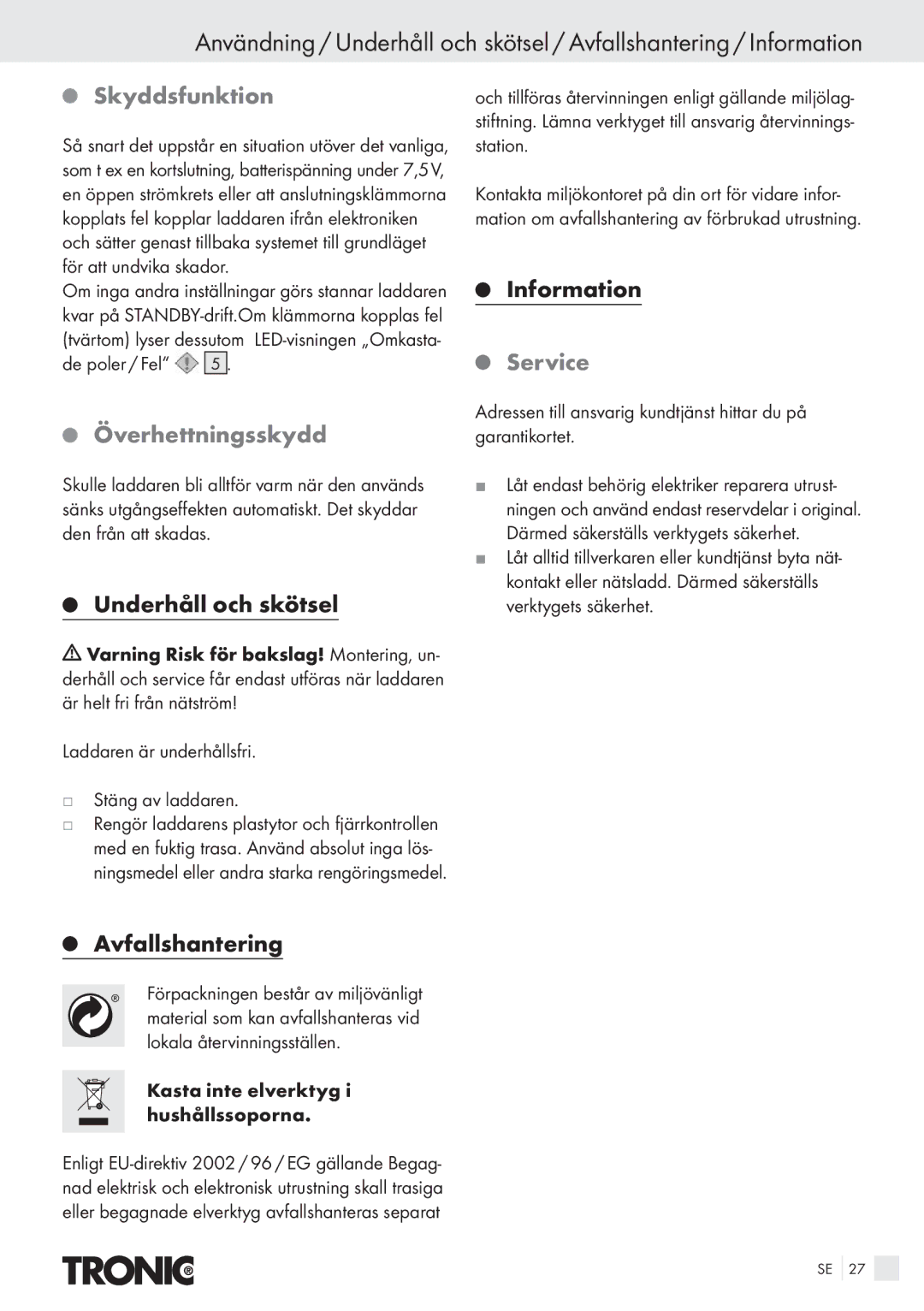 Kompernass T4X manual Skyddsfunktion, Överhettningsskydd, Underhåll och skötsel, Avfallshantering, Service 