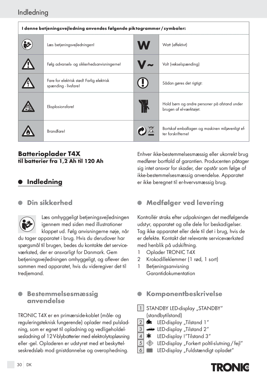 Kompernass manual Indledning, Batterioplader T4X, Din sikkerhed, Medfølger ved levering 