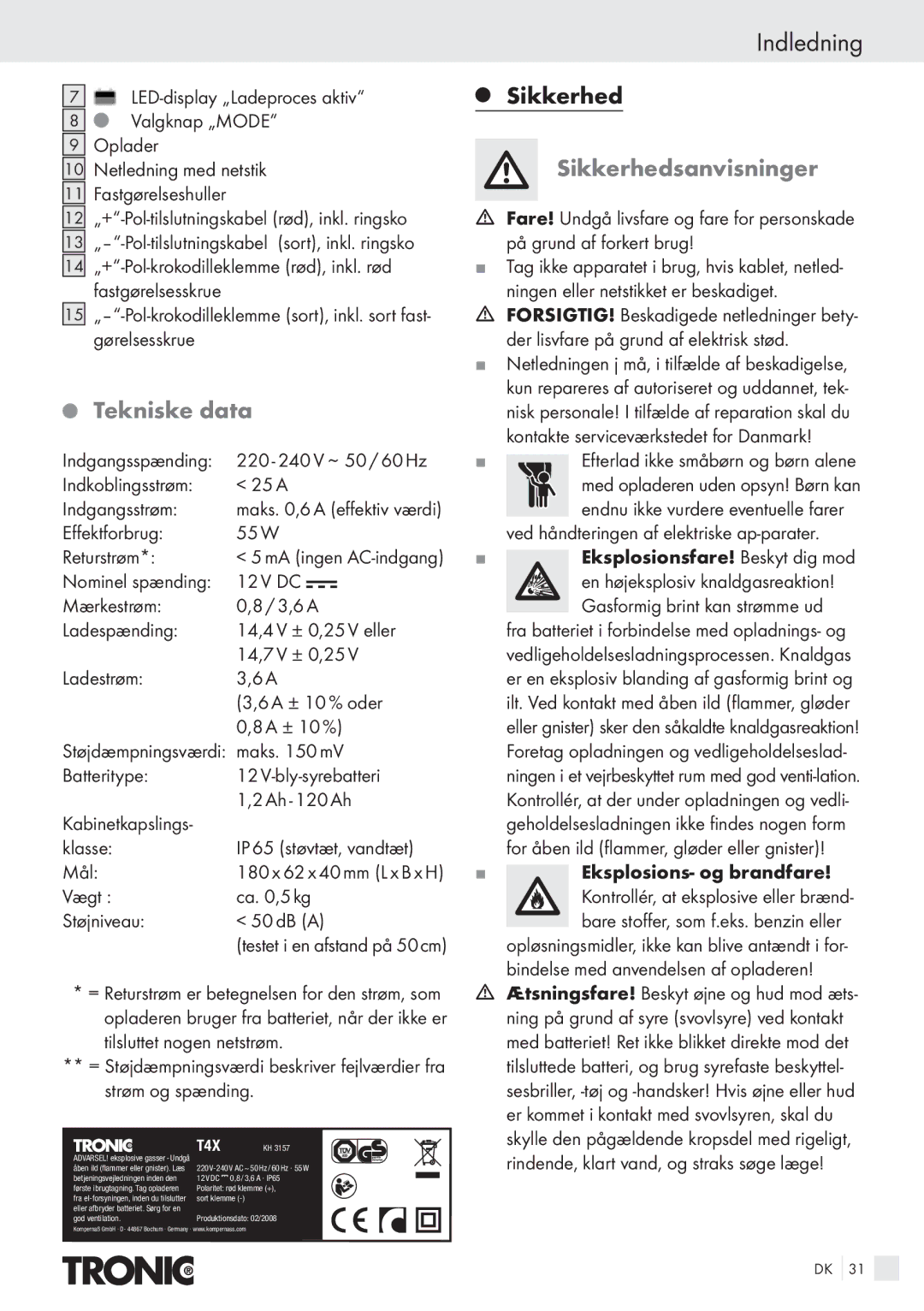 Kompernass T4X manual Tekniske data, Sikkerhedsanvisninger 