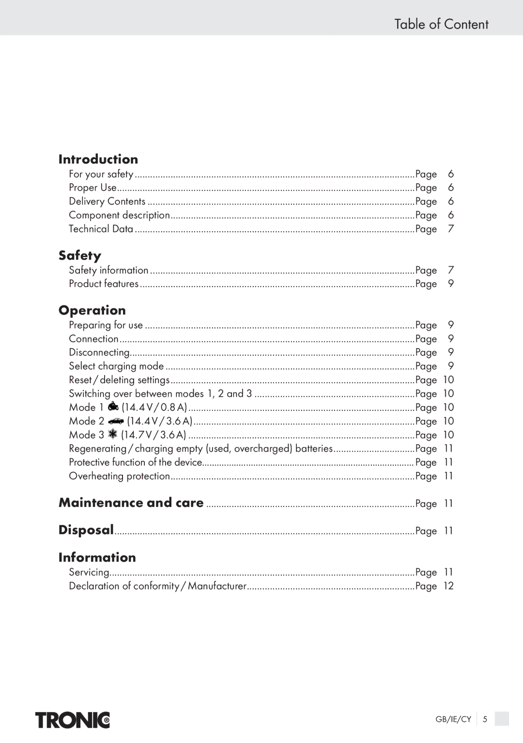 Kompernass T4X manual Table of Content, Introduction, Safety, Operation, Information 