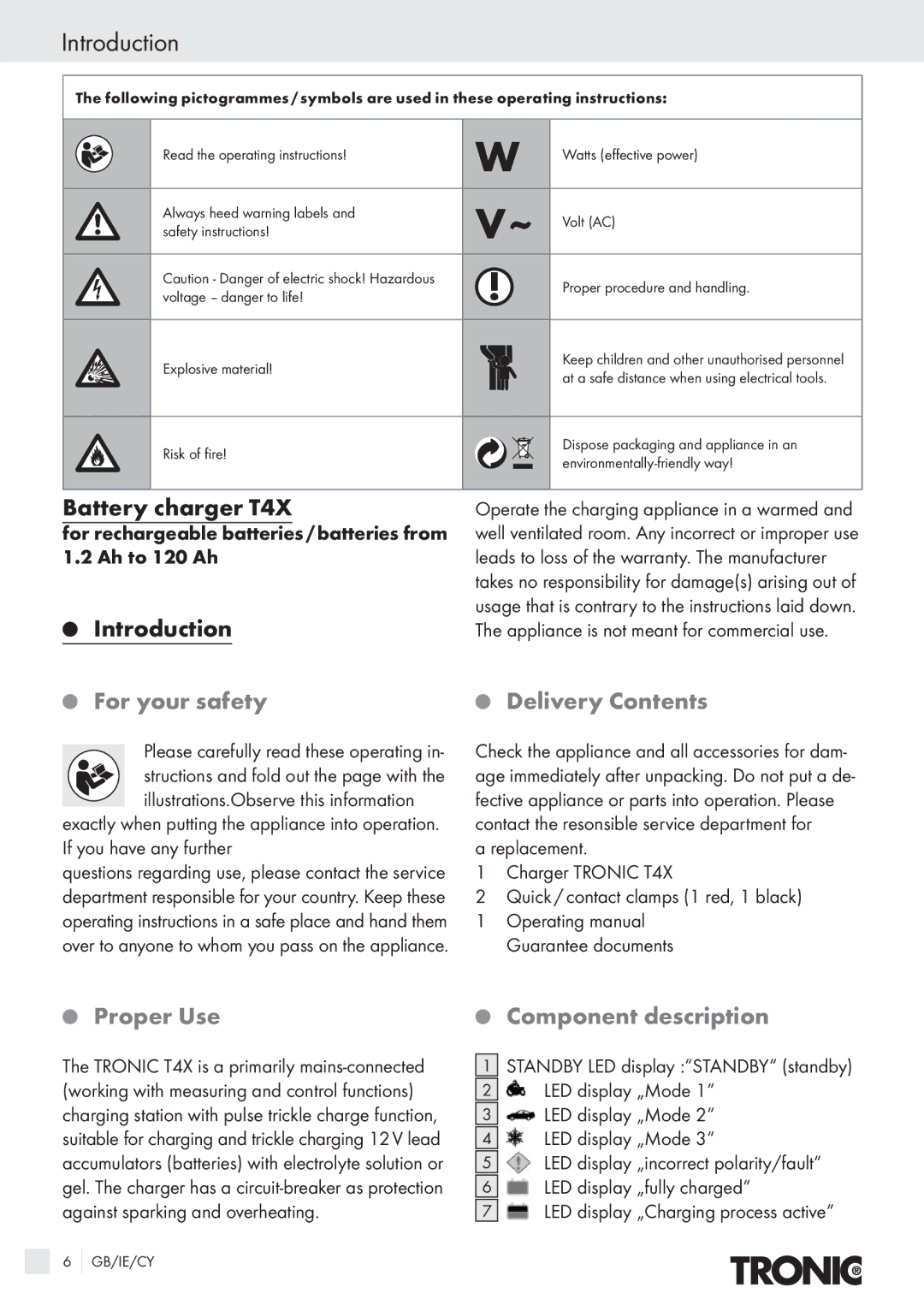 Kompernass T4X manual Introduction, For your safety, Delivery Contents, Proper Use, Component description 