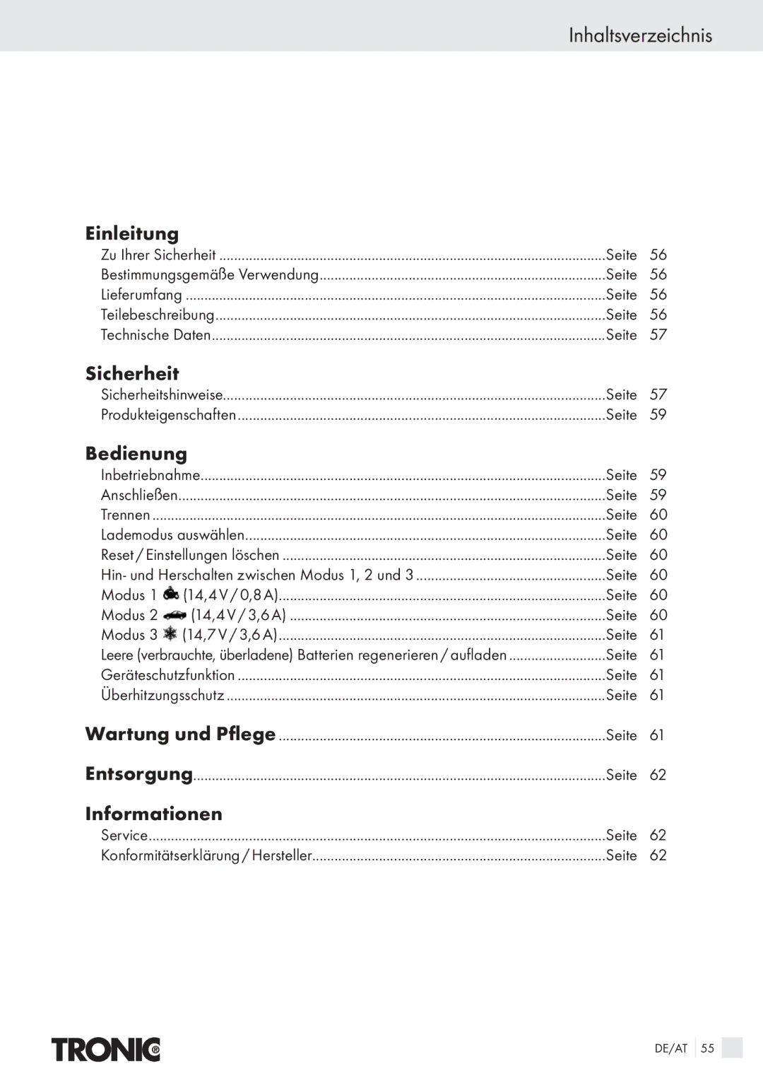 Kompernass T4X manual Inhaltsverzeichnis, Einleitung, Sicherheit, Bedienung, Informationen 