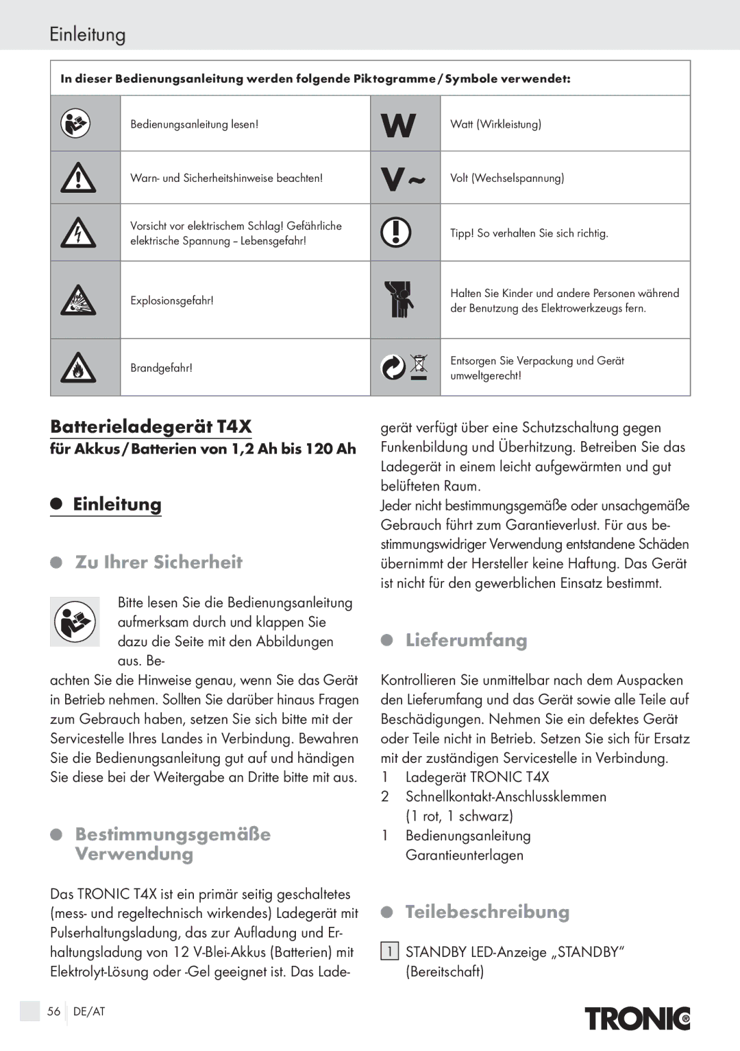 Kompernass manual Einleitung, Batterieladegerät T4X, Für Akkus / Batterien von 1,2 Ah bis 120 Ah 