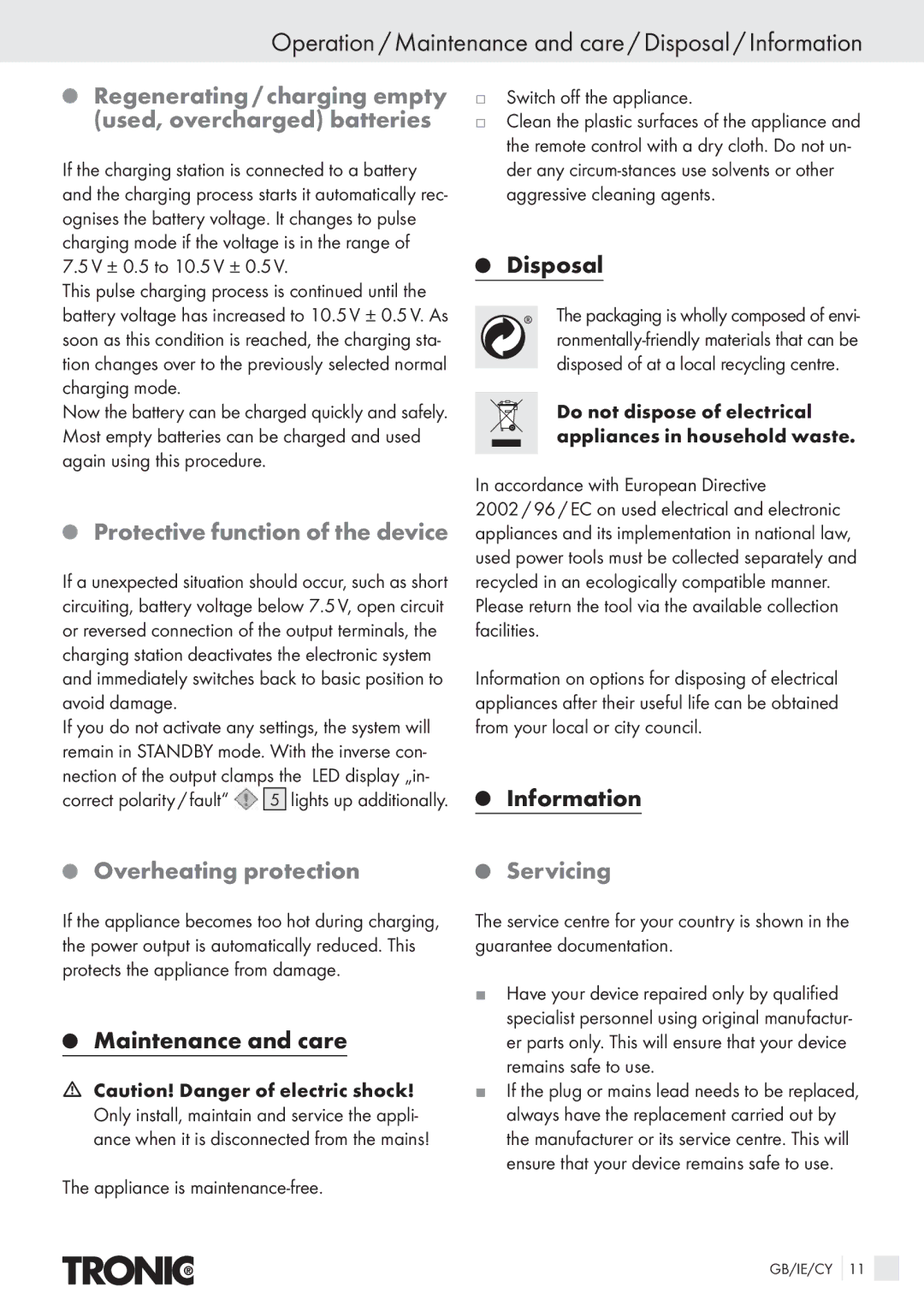 Kompernass T4X Operation / Maintenance and care / Disposal / Information, Protective function of the device, Servicing 