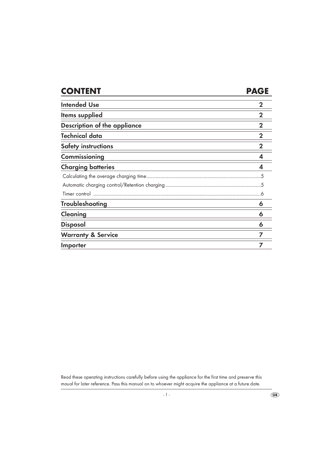 Kompernass TLG 1000 A1 operating instructions Content 