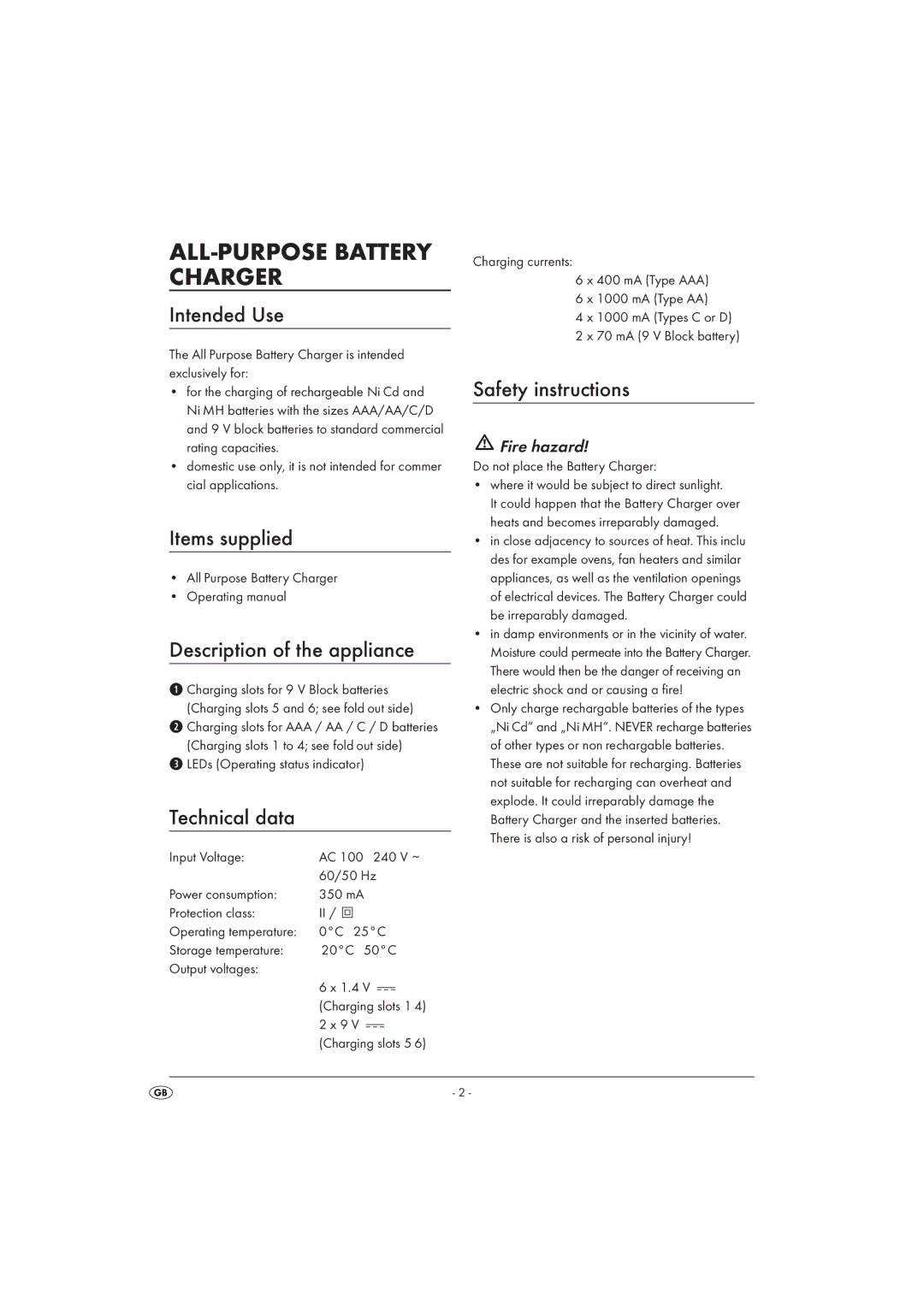 Kompernass TLG 1000 A1 Intended Use, Items supplied, Description of the appliance, Technical data, Safety instructions 