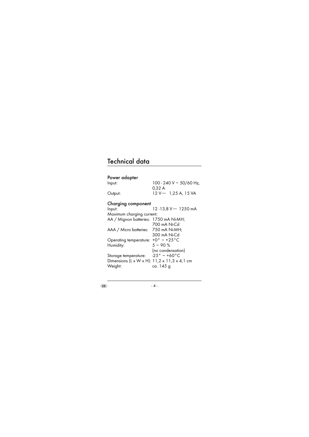 Kompernass TLG 1750 A1 operating instructions Technical data, Power adapter, Charging component 