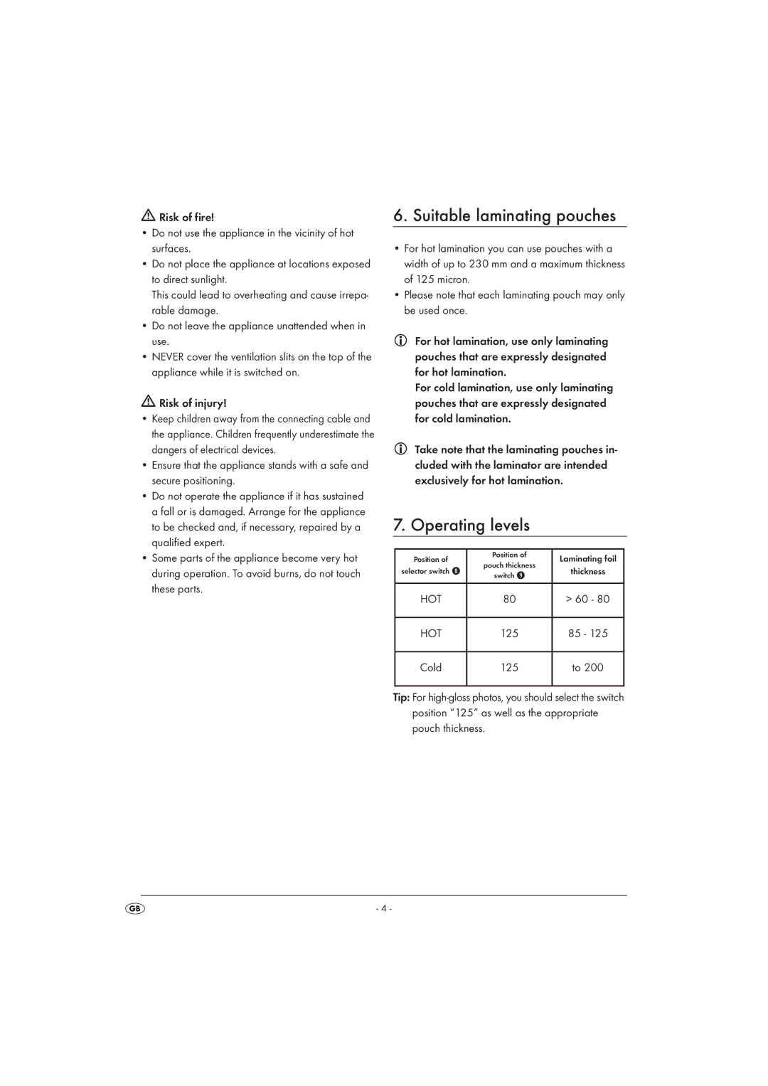 Kompernass ULG300A1 manual Suitable laminating pouches, Operating levels, Risk of injury 