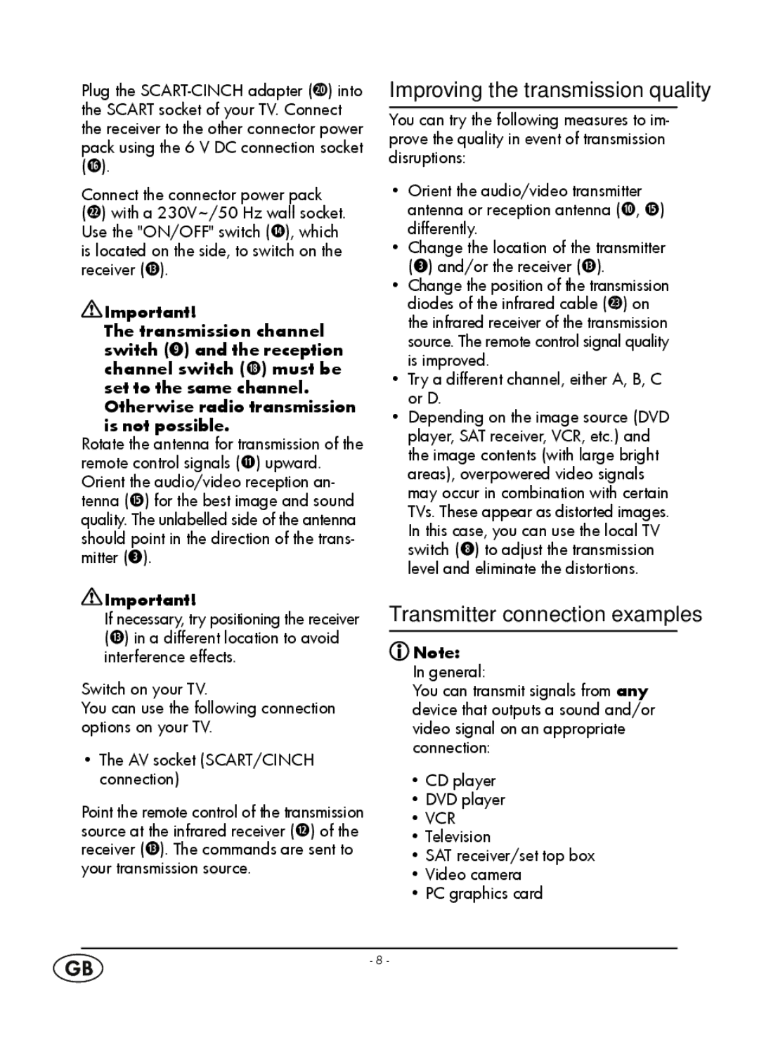 Kompernass WT 40458 manual Improving the transmission quality, Transmitter connection examples 