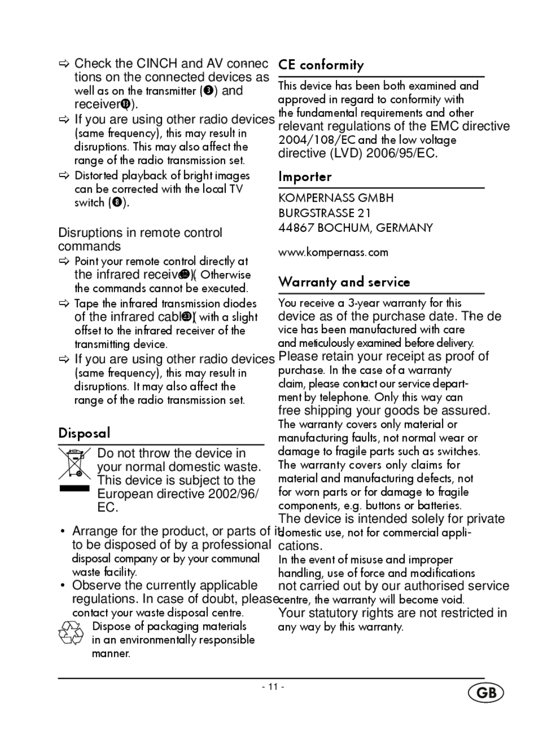 Kompernass WT 40458 manual Disposal, CE conformity, Importer, Warranty and service 