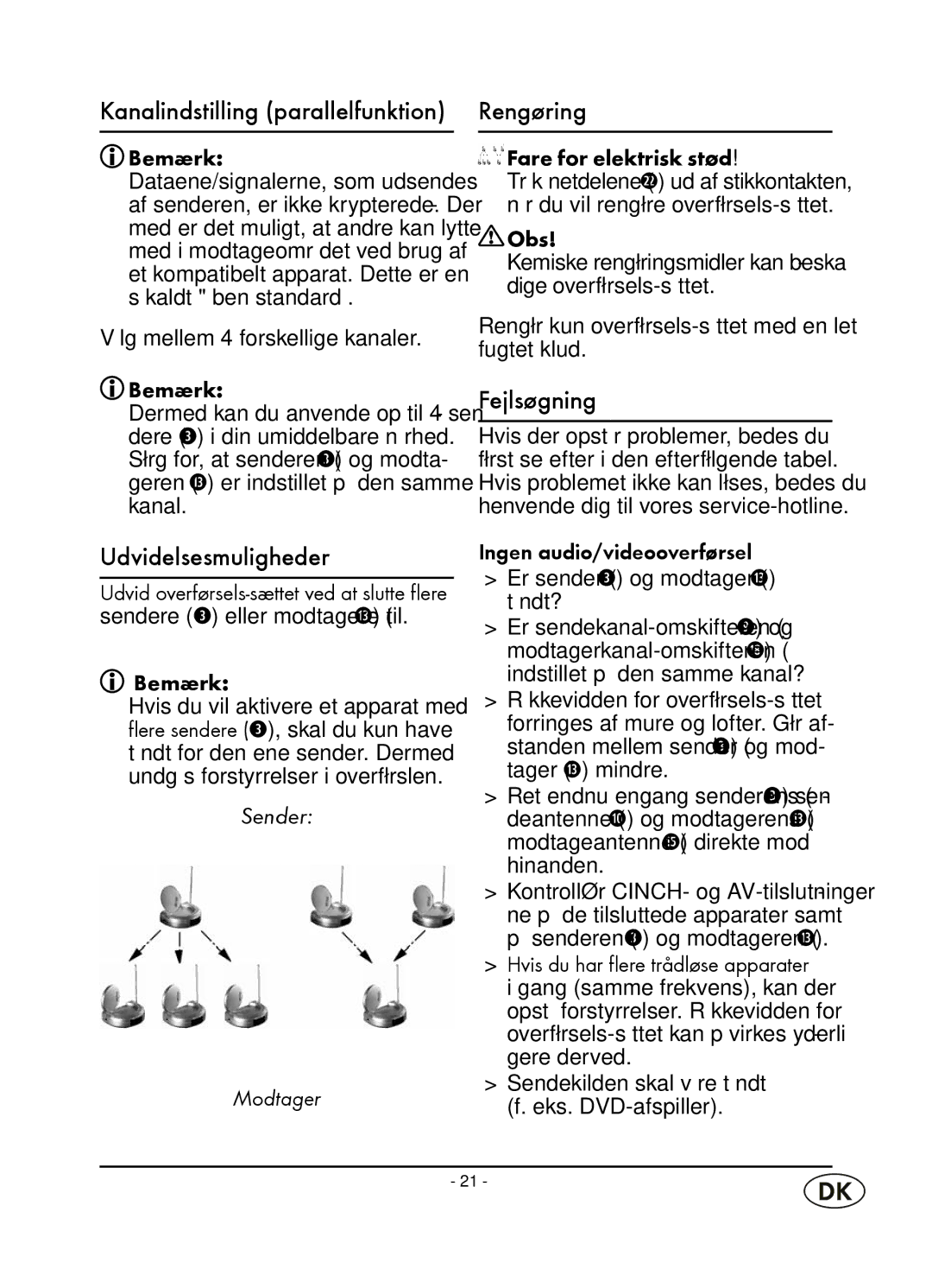 Kompernass WT 40458 manual Kanalindstilling parallelfunktion, Udvidelsesmuligheder, Rengøring, Fejlsøgning 