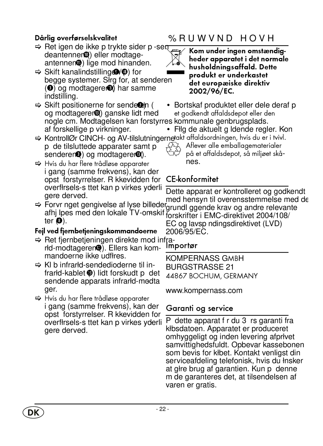 Kompernass WT 40458 manual Bortskaffelse, CE-konformitet, Importør, Garanti og service 