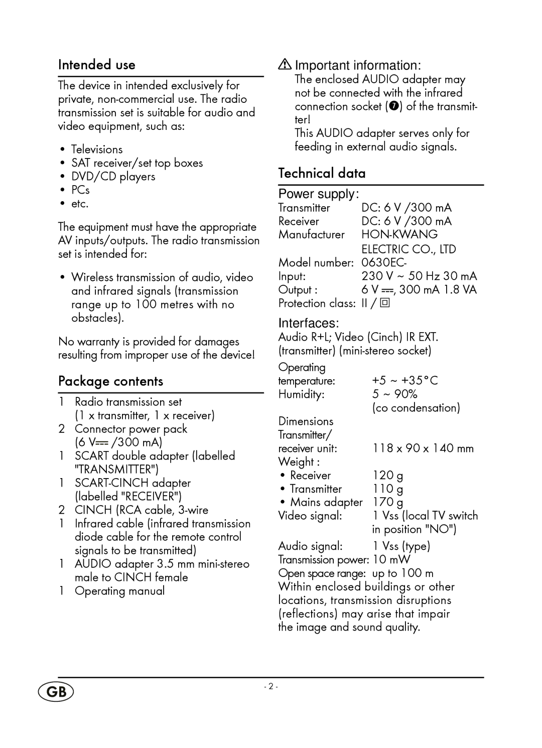 Kompernass WT 40458 manual Intended use, Package contents, Technical data 