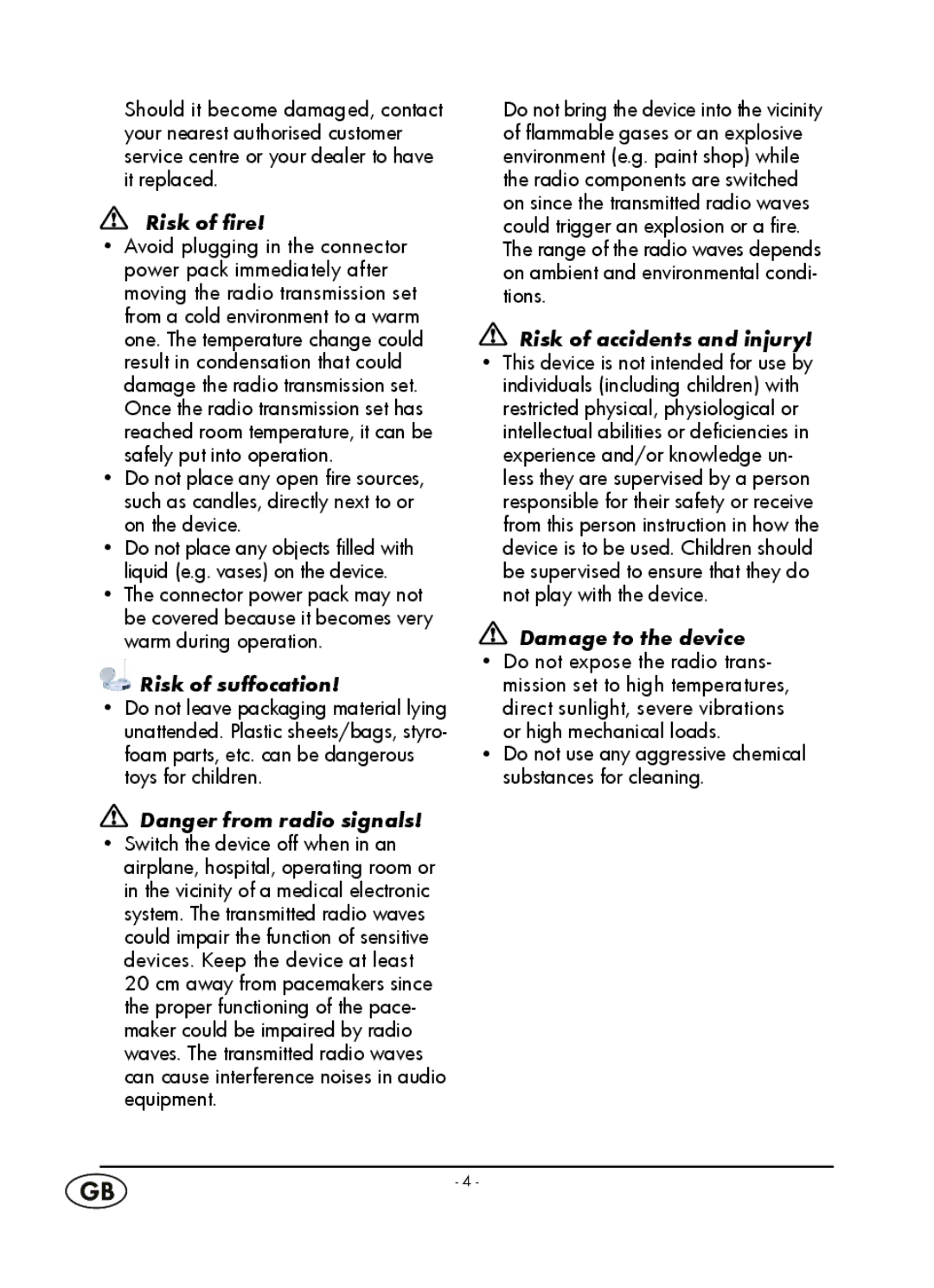 Kompernass WT 40458 manual Risk of fire 