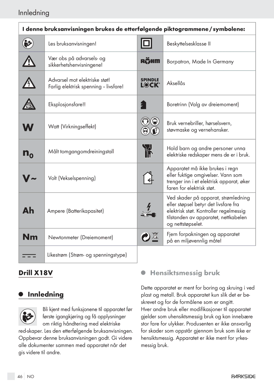 Kompernass X18V manual Innledning, Drill, Hensiktsmessig bruk 