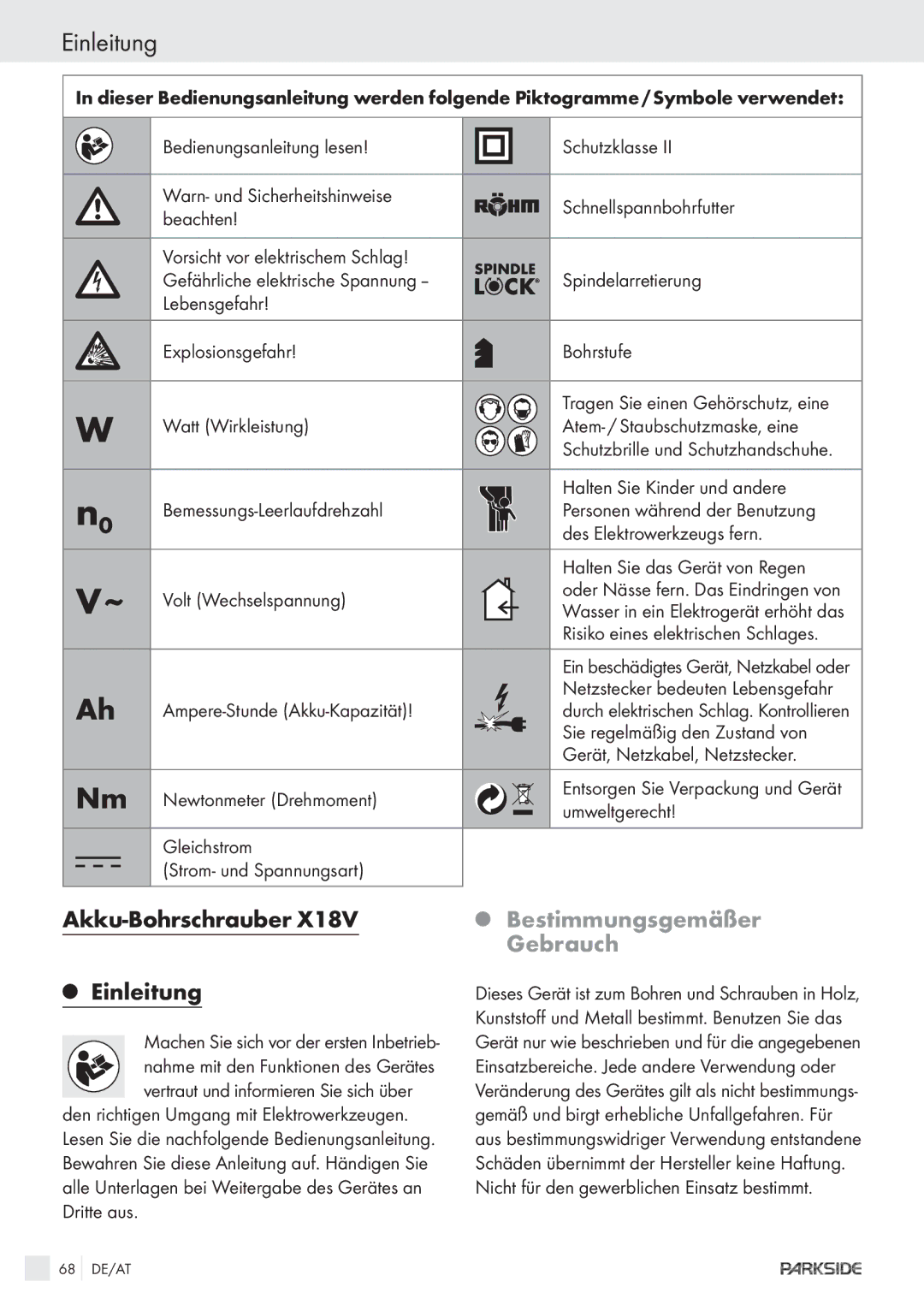 Kompernass X18V manual Akku-Bohrschrauber Einleitung, Bestimmungsgemäßer Gebrauch 