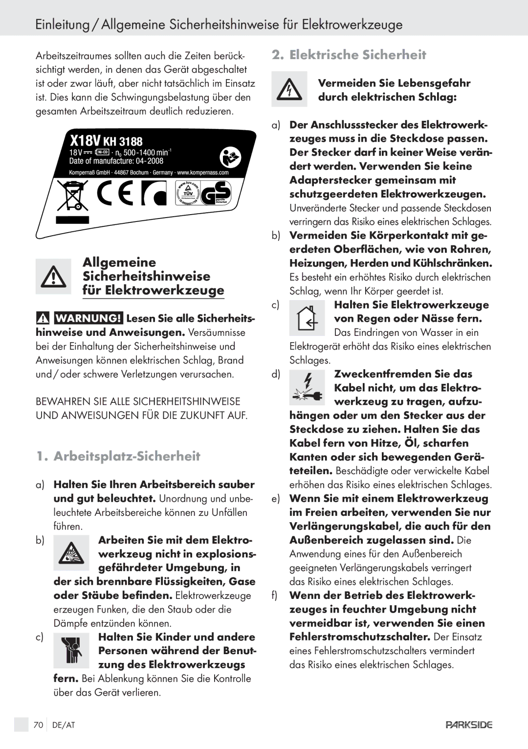 Kompernass X18V Arbeitsplatz-Sicherheit, Elektrische Sicherheit, Vermeiden Sie Lebensgefahr durch elektrischen Schlag 