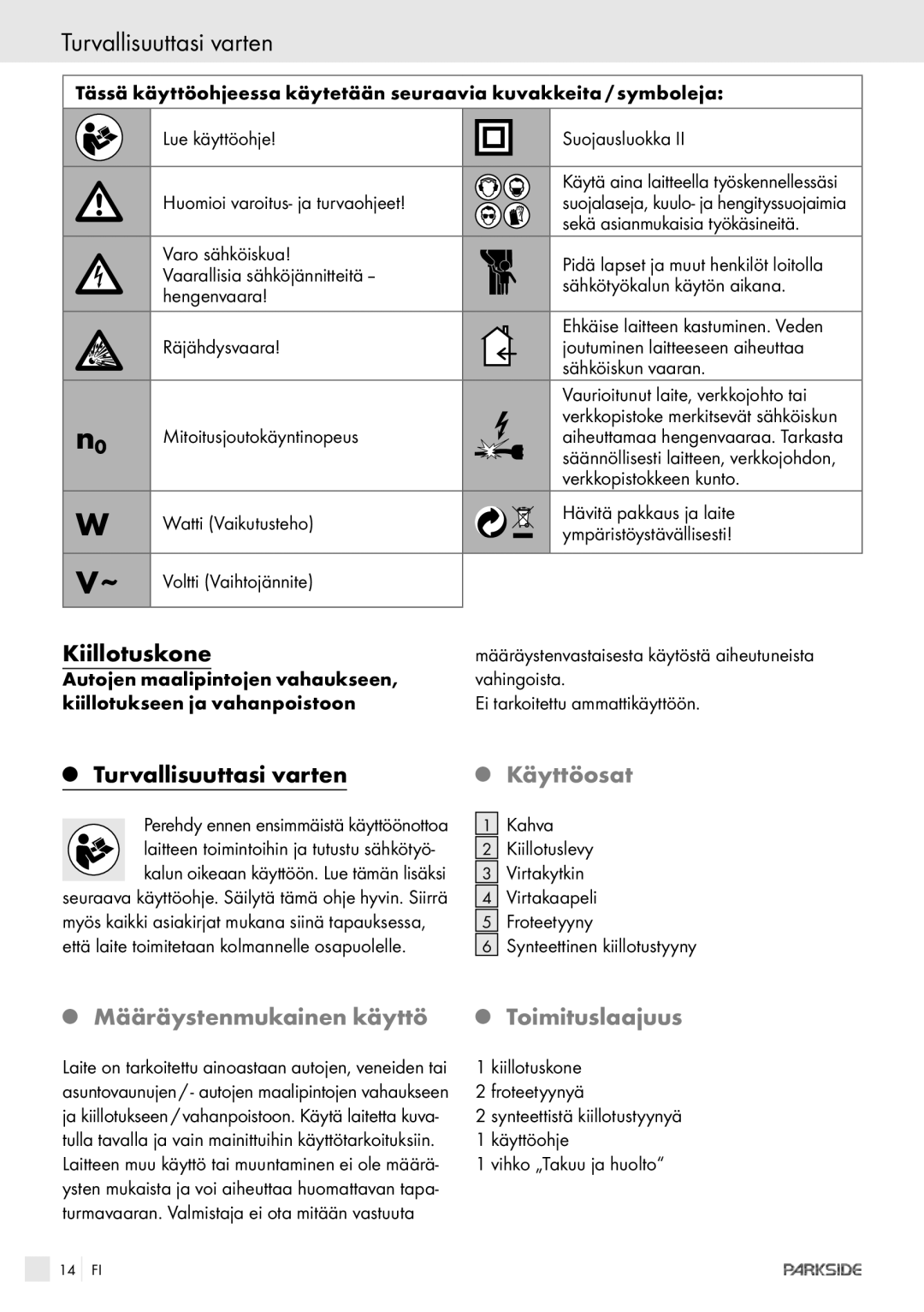 Kompernass XQ 90 manual Turvallisuuttasi varten, Kiillotuskone, Käyttöosat, Määräystenmukainen käyttö Toimituslaajuus 