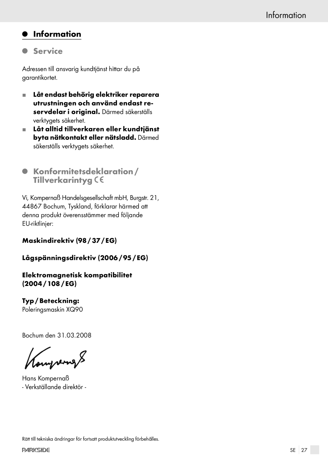 Kompernass XQ 90 manual Information, Service, Konformitetsdeklaration / Tillverkarintyg 