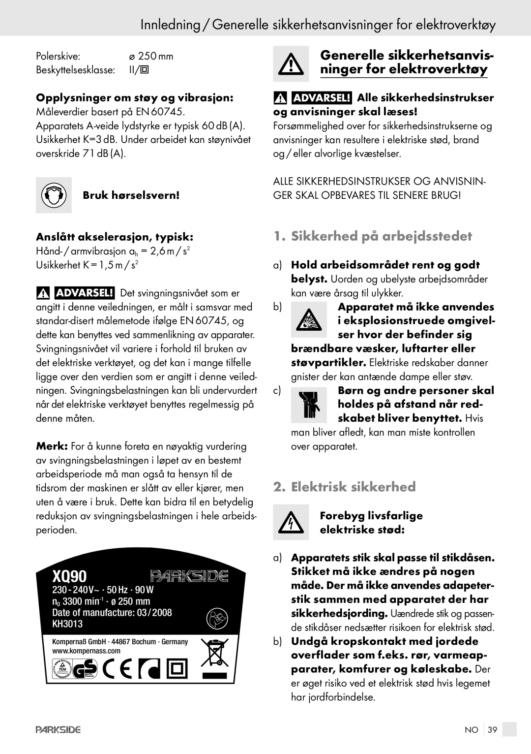 Kompernass XQ 90 manual Generelle sikkerhetsanvis- ninger for elektroverktøy, Polerskive 