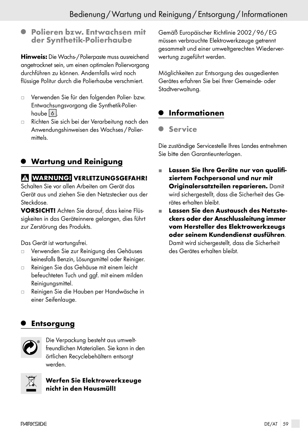 Kompernass XQ 90 manual Polieren bzw. Entwachsen mit der Synthetik-Polierhaube, Wartung und Reinigung, Entsorgung 