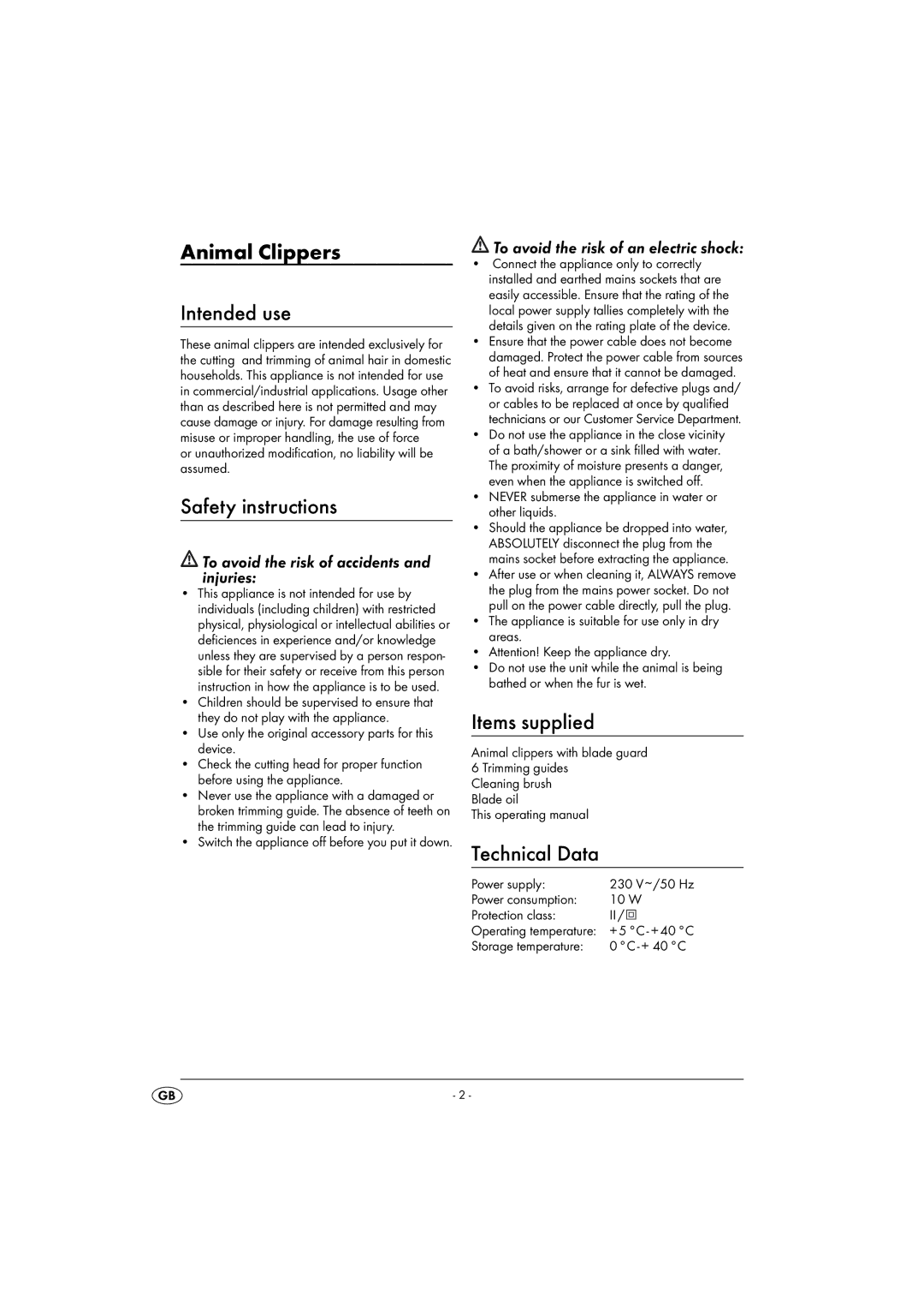 Kompernass ZTS 10 B16 Animal Clippers Intended use, Safety instructions, Items supplied, Technical Data 