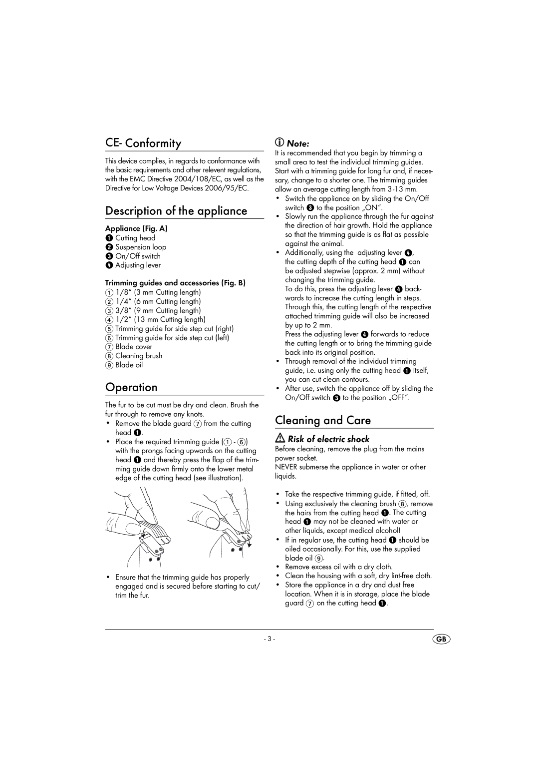 Kompernass ZTS 10 B16 CE- Conformity, Description of the appliance, Operation, Cleaning and Care, Risk of electric shock 