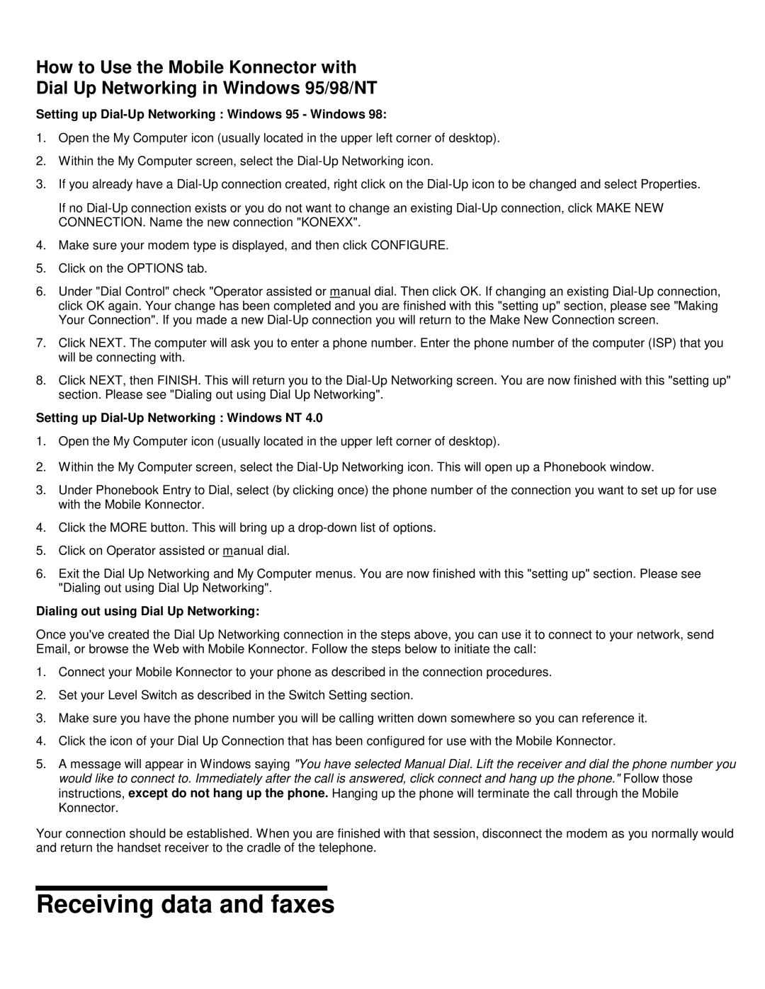 Konexx MOBILE KONNECTOR manual Receiving data and faxes, Setting up Dial-Up Networking Windows 95 Windows 