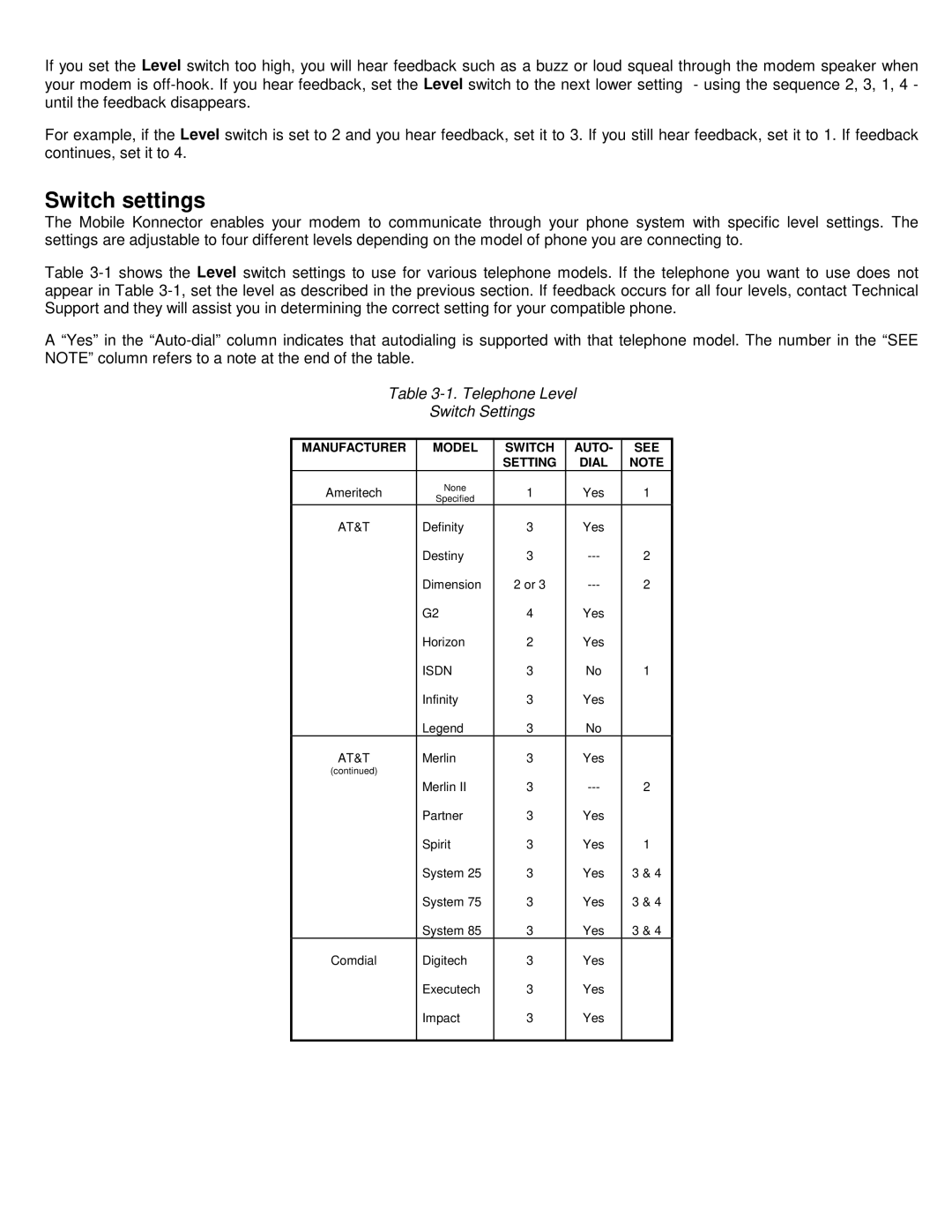 Konexx MOBILE KONNECTOR manual Switch settings, At&T, Isdn 