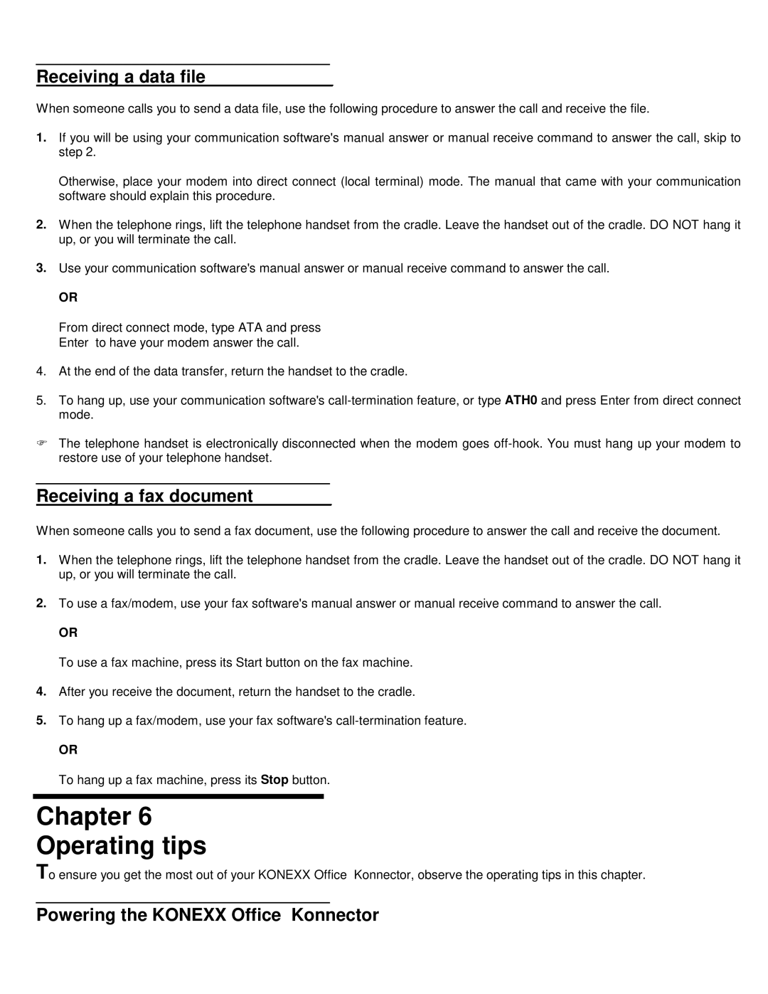 Konexx Office Konnector manual Chapter Operating tips, Receiving a data file, Receiving a fax document 