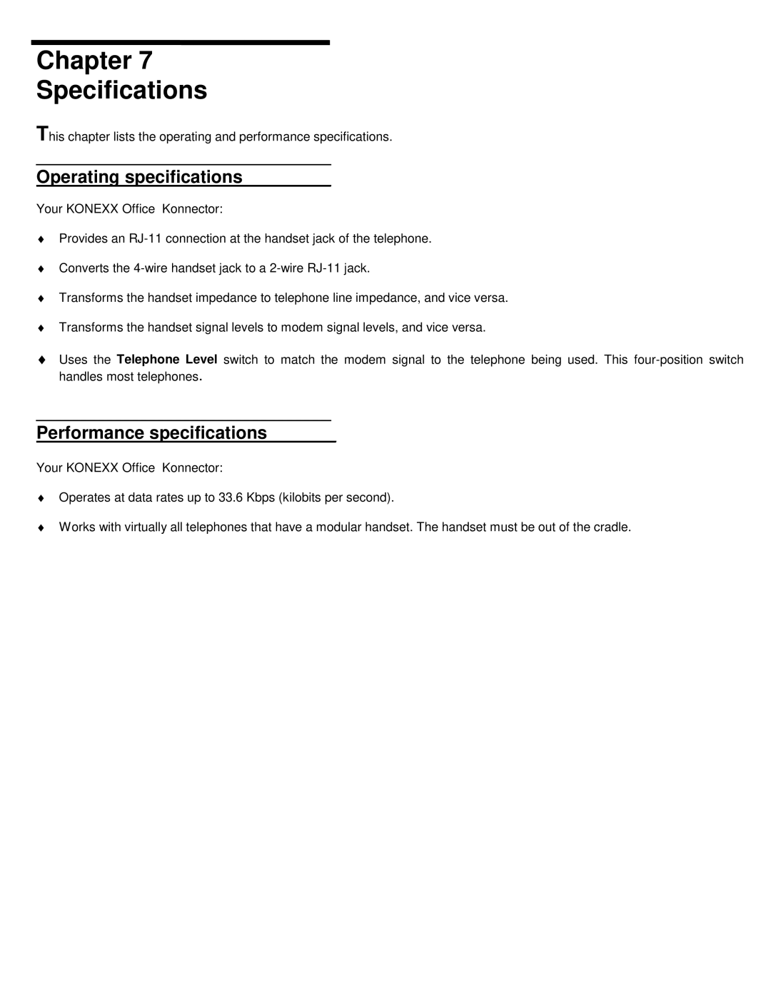 Konexx Office Konnector manual Chapter Specifications, Operating specifications, Performance specifications 