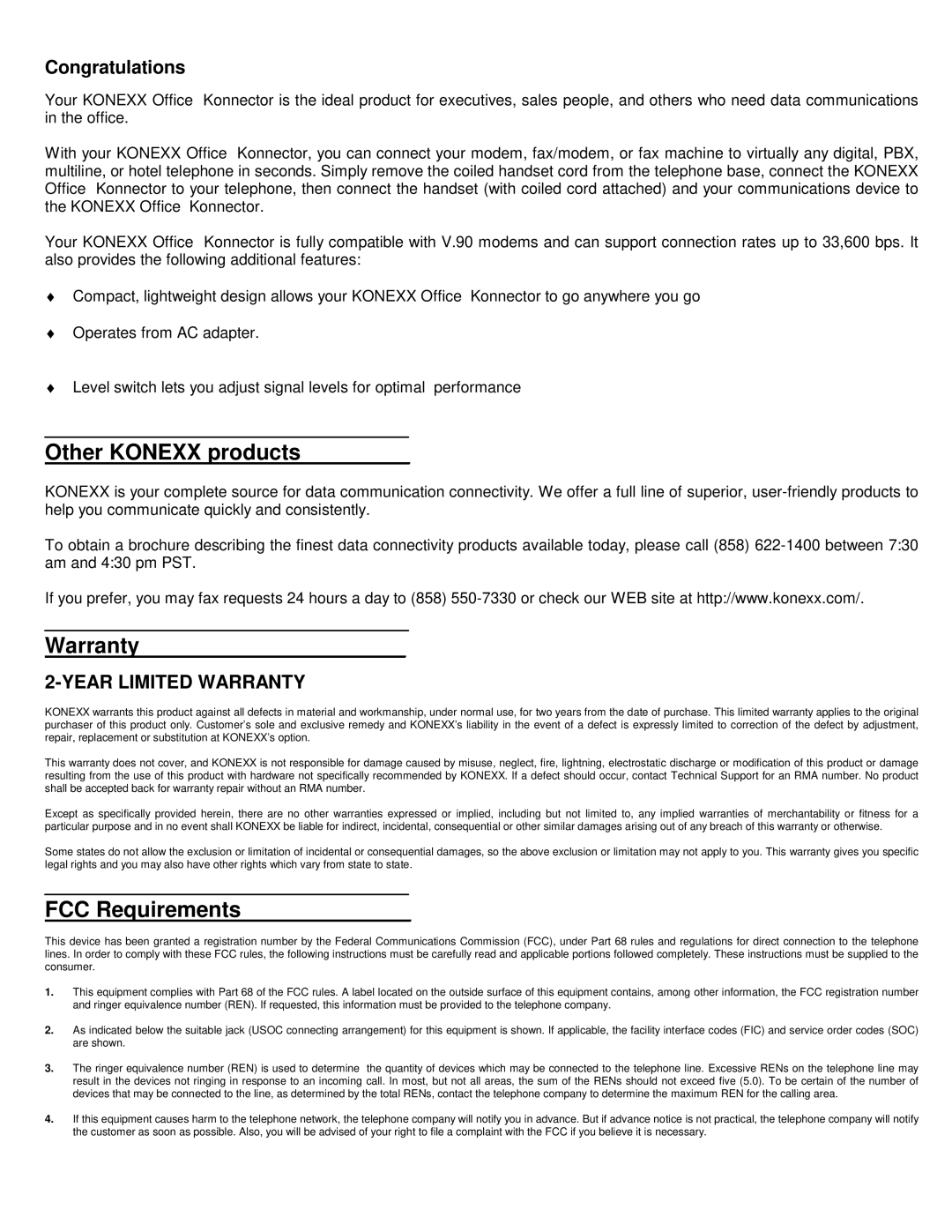 Konexx Office Konnector manual Other Konexx products, Warranty, FCC Requirements 