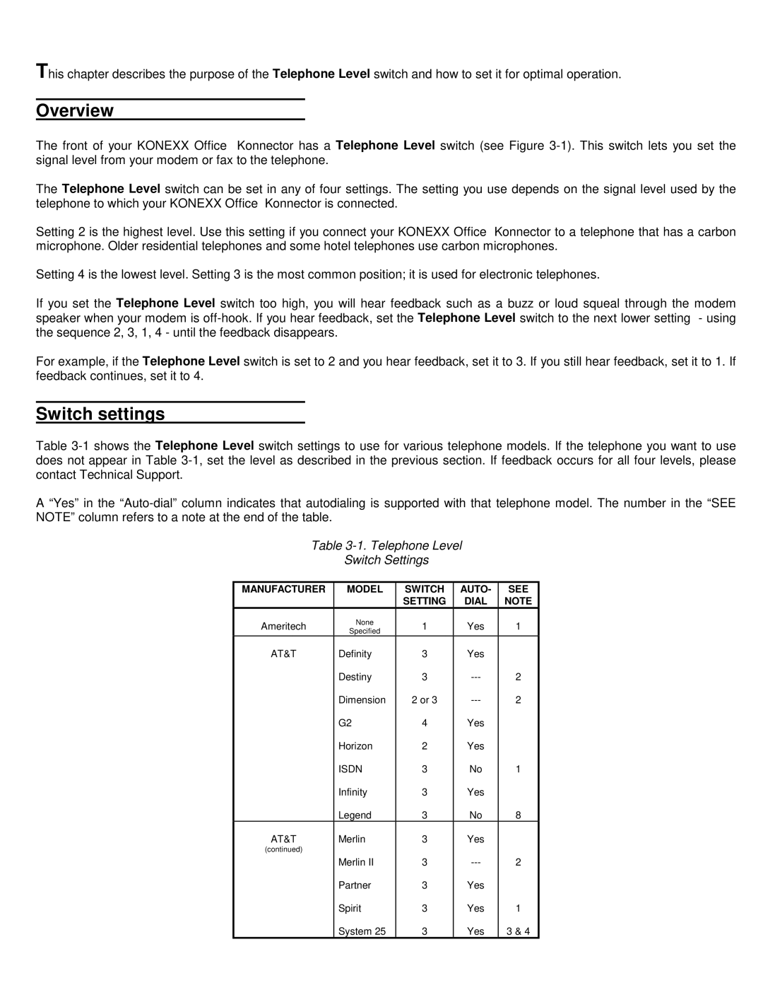 Konexx Office Konnector manual Overview, Switch settings 