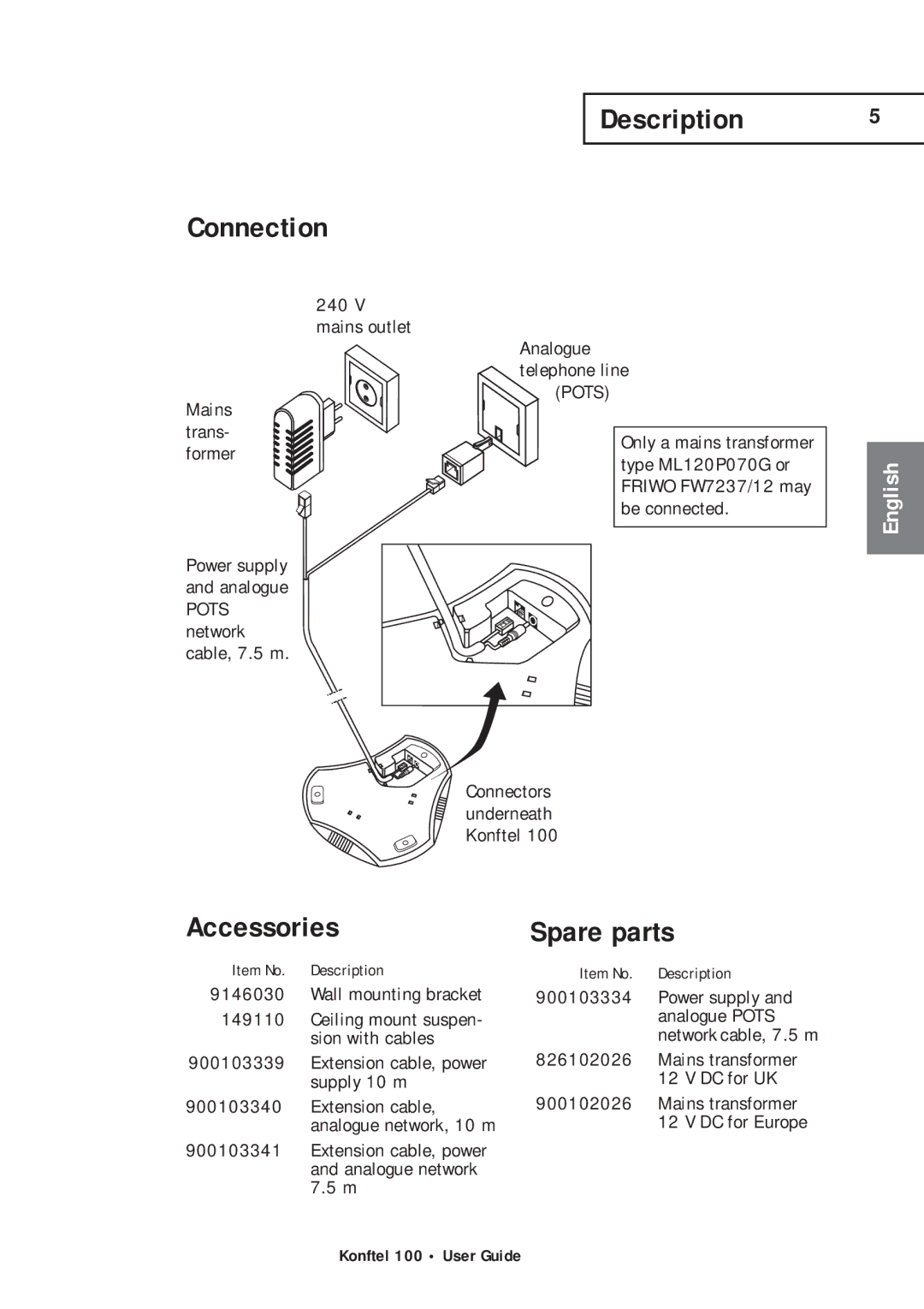 Konftel 100 manual Connection, Description, Accessories, Spare parts 