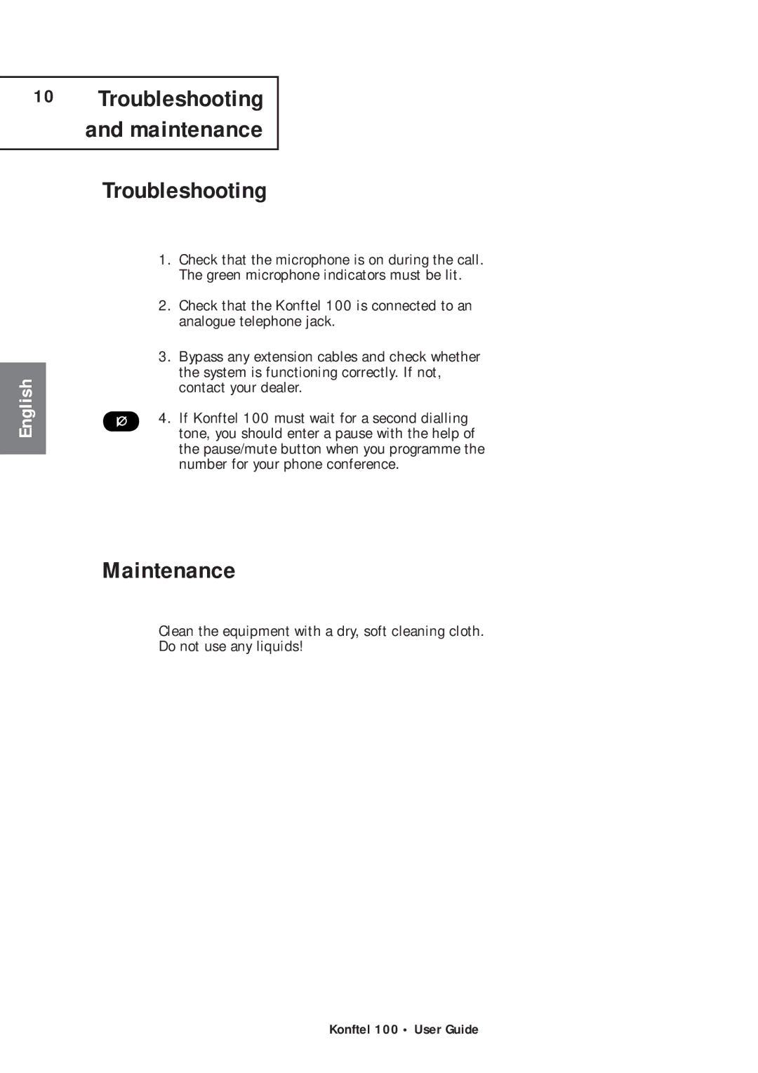 Konftel 100 manual Troubleshooting, Maintenance 