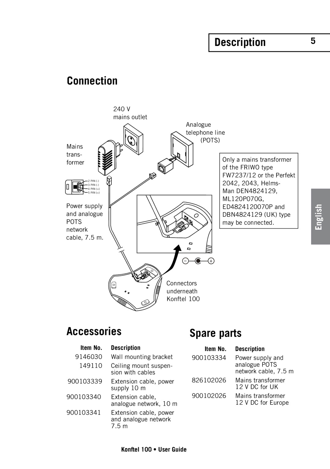 Konftel 100 manual Connection, Description, Accessories, Spare parts 