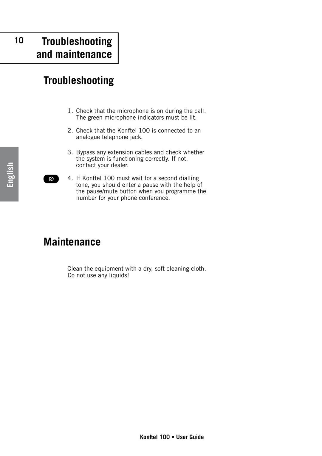 Konftel 100 manual Troubleshooting, Maintenance 