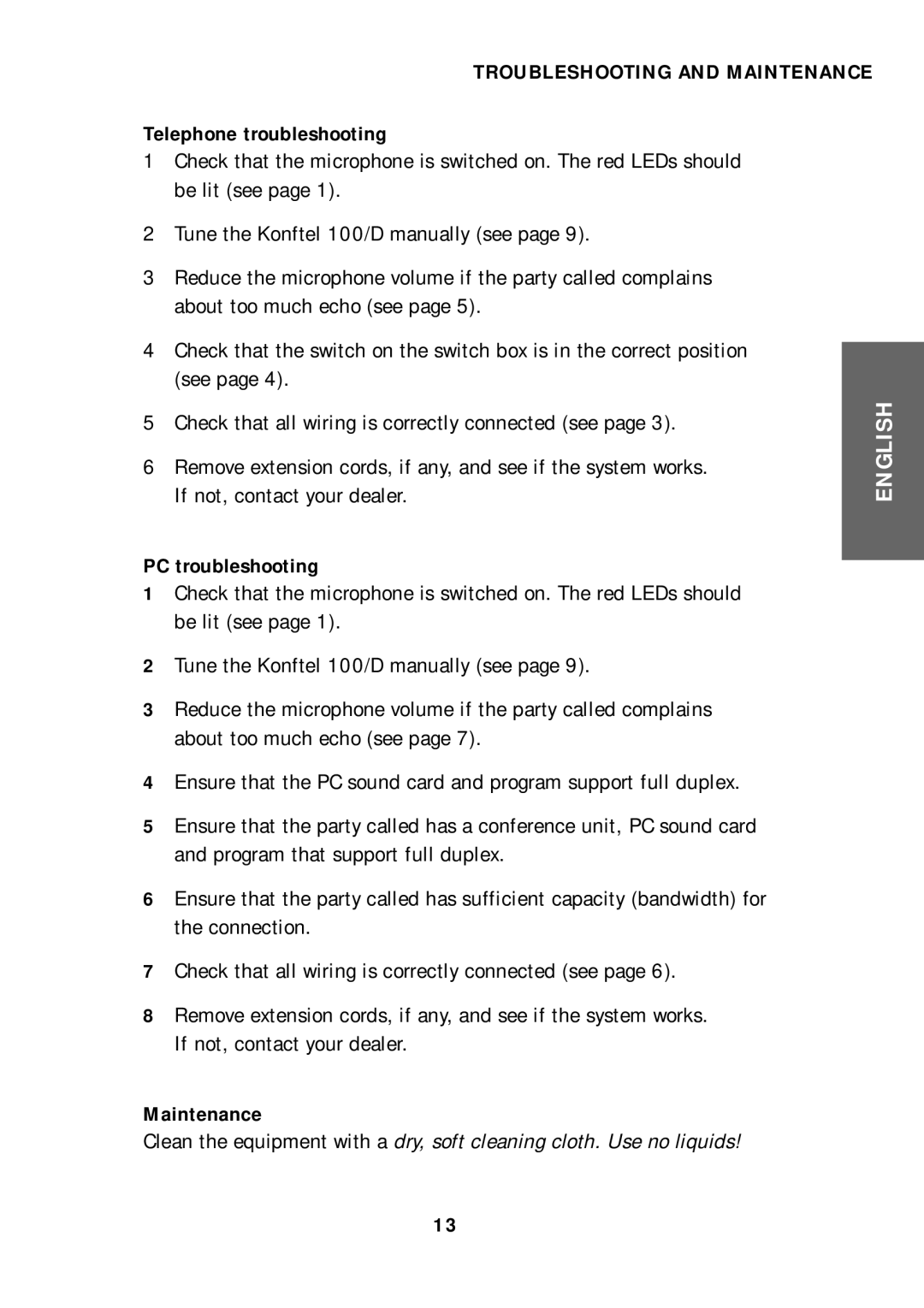 Konftel 100/D manual Troubleshooting and Maintenance, Telephone troubleshooting, PC troubleshooting 