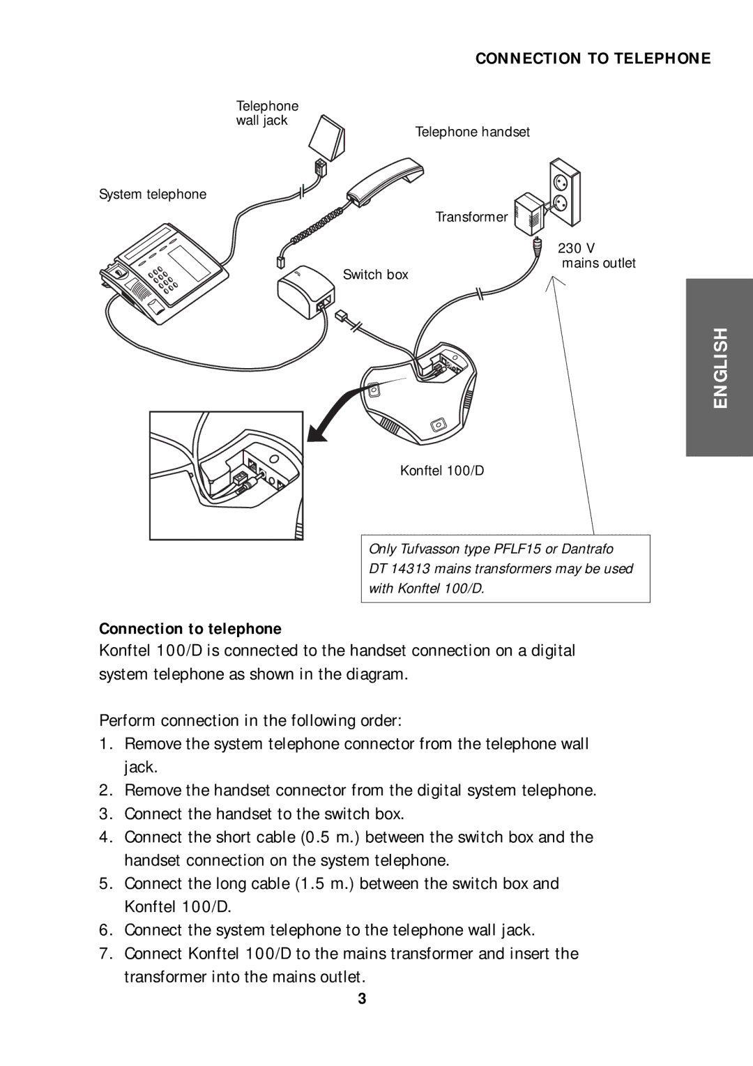 Konftel 100/D manual Connection to Telephone, Connection to telephone 