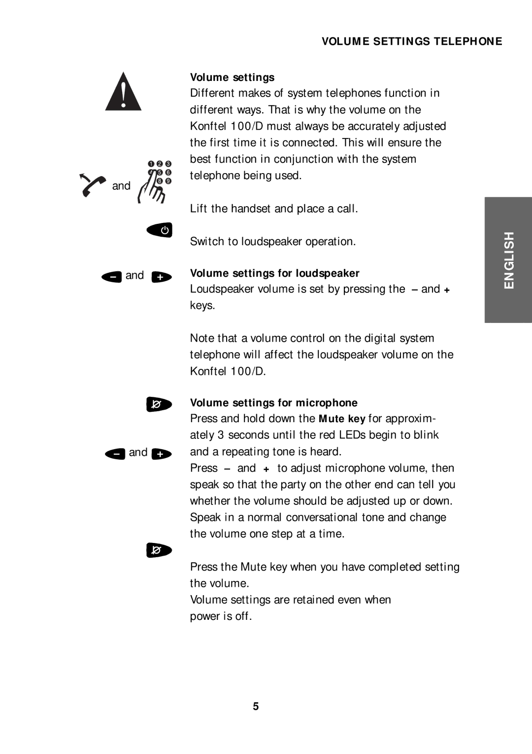 Konftel 100/D manual Volume Settings Telephone, Volume settings for loudspeaker, Volume settings for microphone 