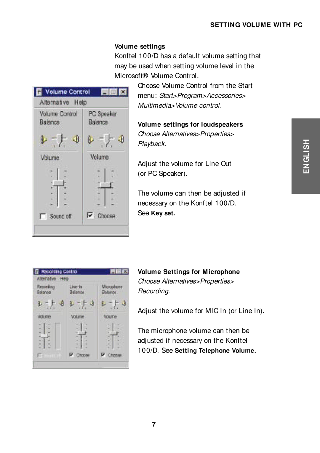 Konftel 100/D manual Setting Volume with PC, Volume settings for loudspeakers 