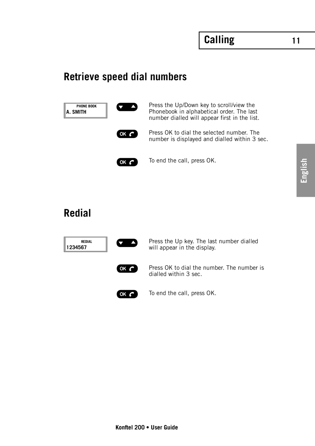 Konftel 200 manual Retrieve speed dial numbers, Redial 