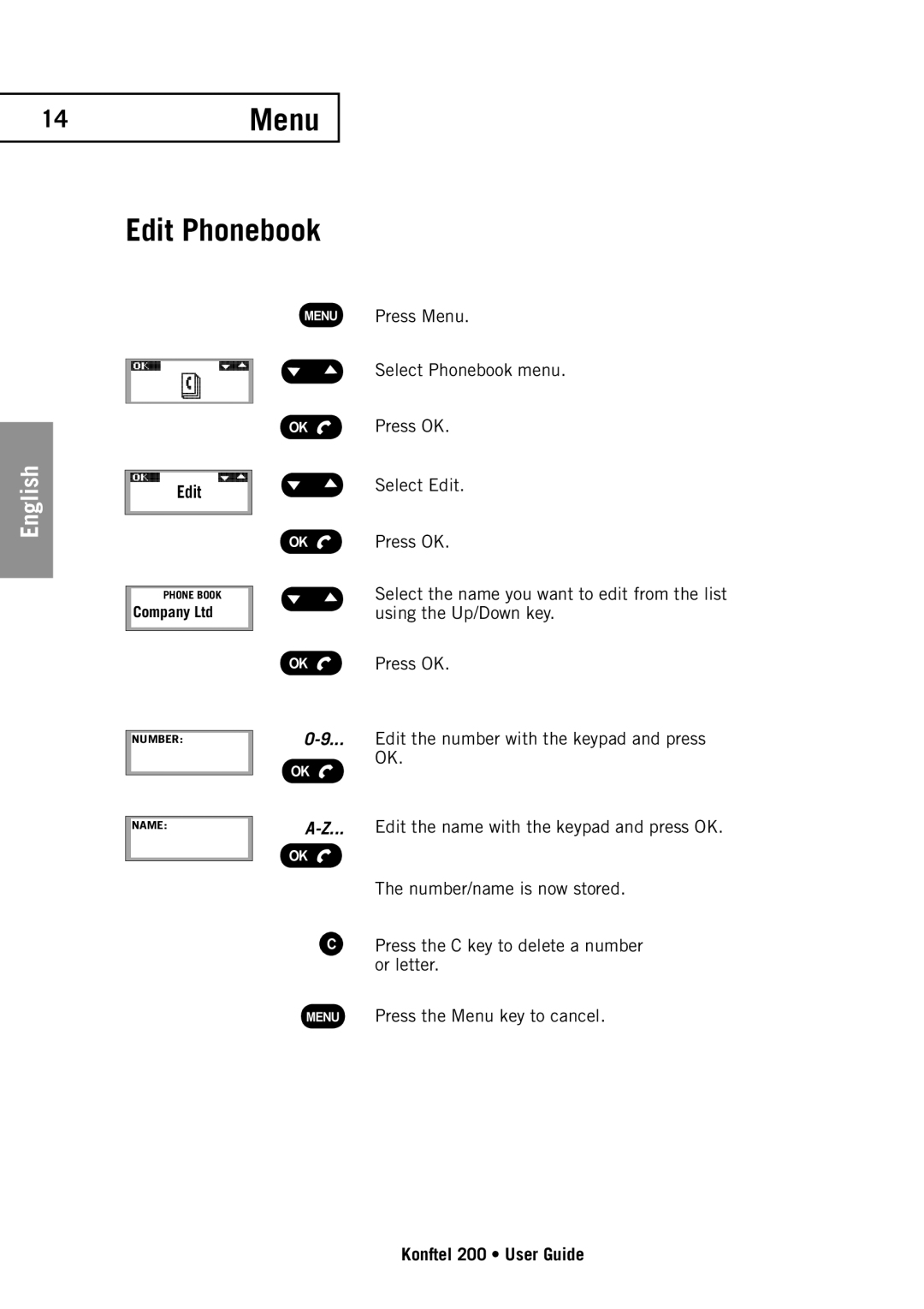 Konftel 200 manual Menu Edit Phonebook 