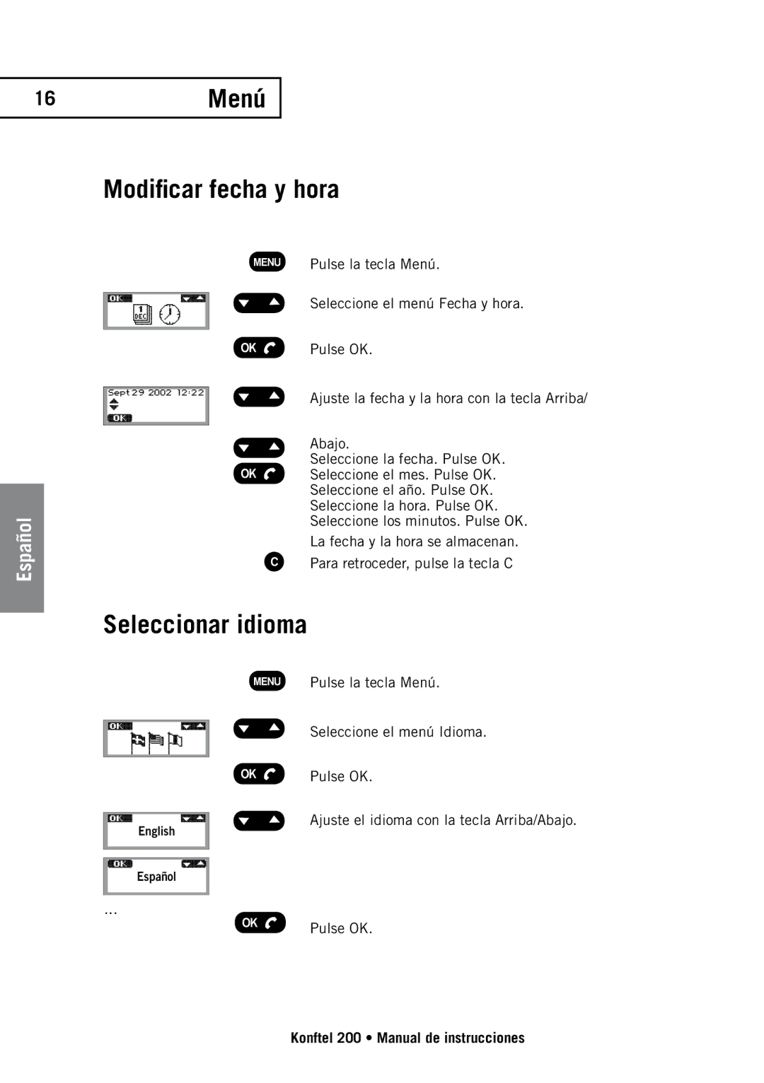 Konftel 200 manual 16Menú Modificar fecha y hora, Seleccionar idioma 